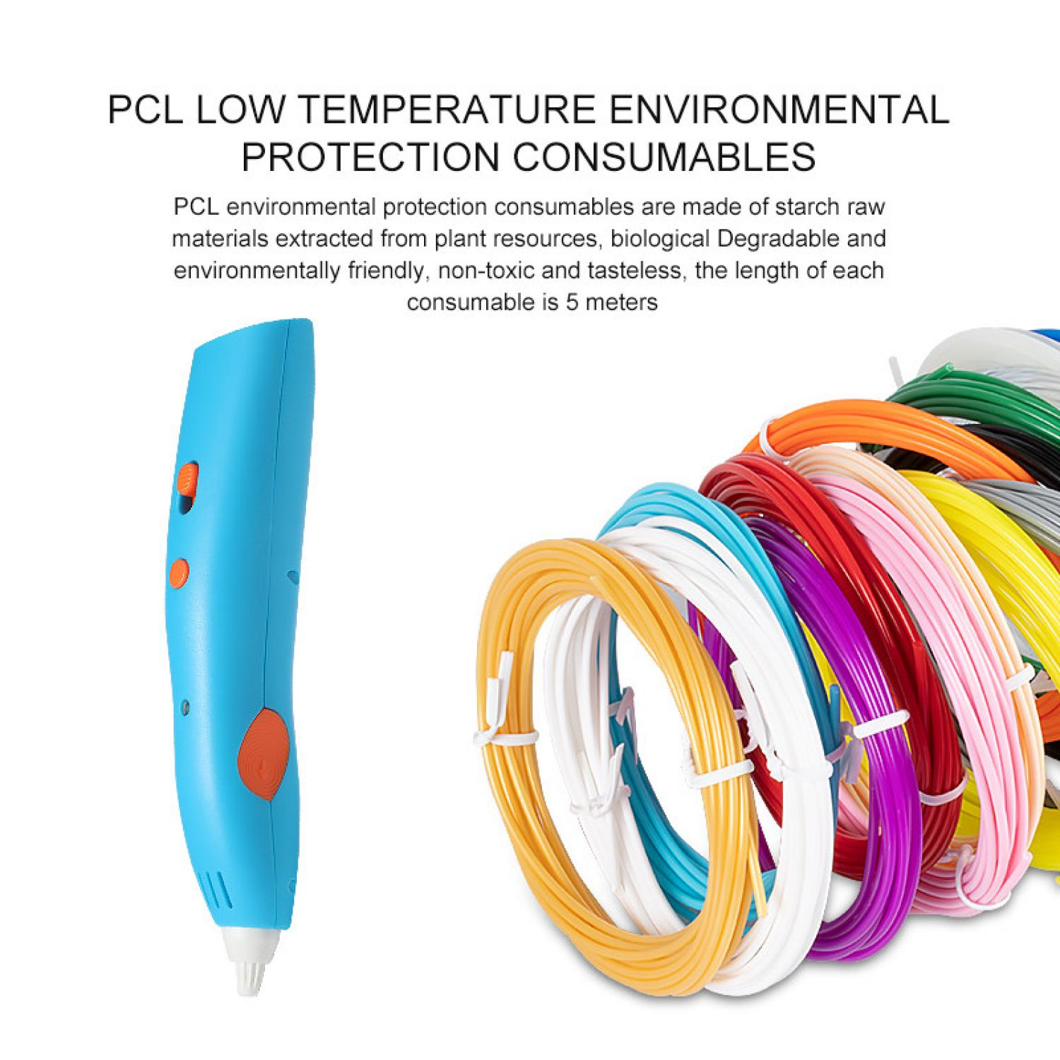 Ein blauer 3D-Stift neben aufgerollten Schnüren aus buntem PCL-Filament.