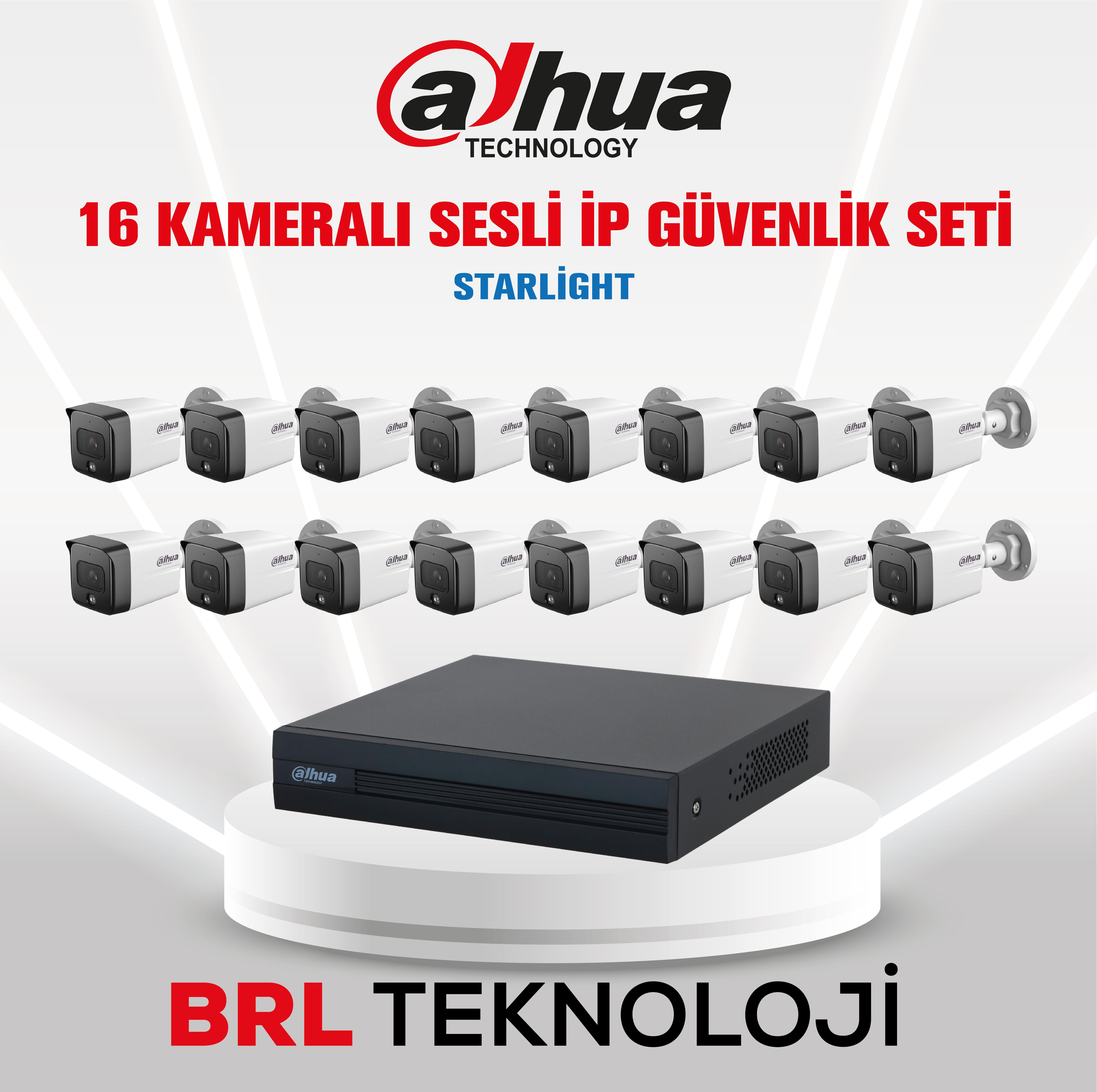 16 kamera, kayıt cihazı, Dahua logosu. Tanıtım seti.