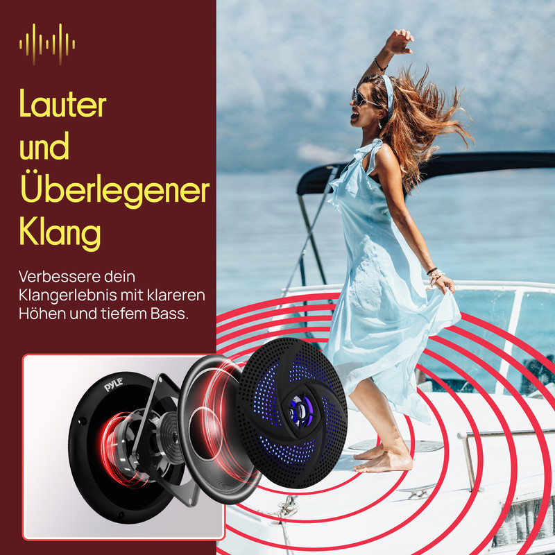 Frau tanzt auf Boot, Lautsprecher-Detail neben Text. Lauter und überlegener Klang.