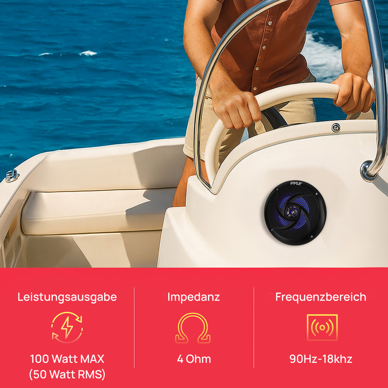 Mann am Steuer eines Bootes mit einem schwarzen Lautsprecher und technischen Daten.