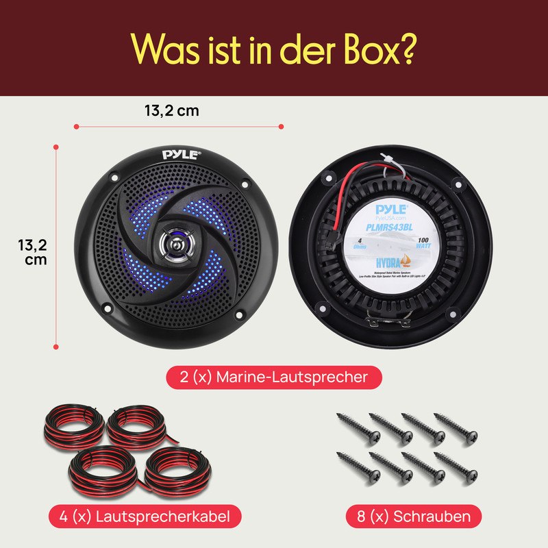 Marine-Lautsprecher mit LED, Kabel und Schrauben, 13,2 cm groß.