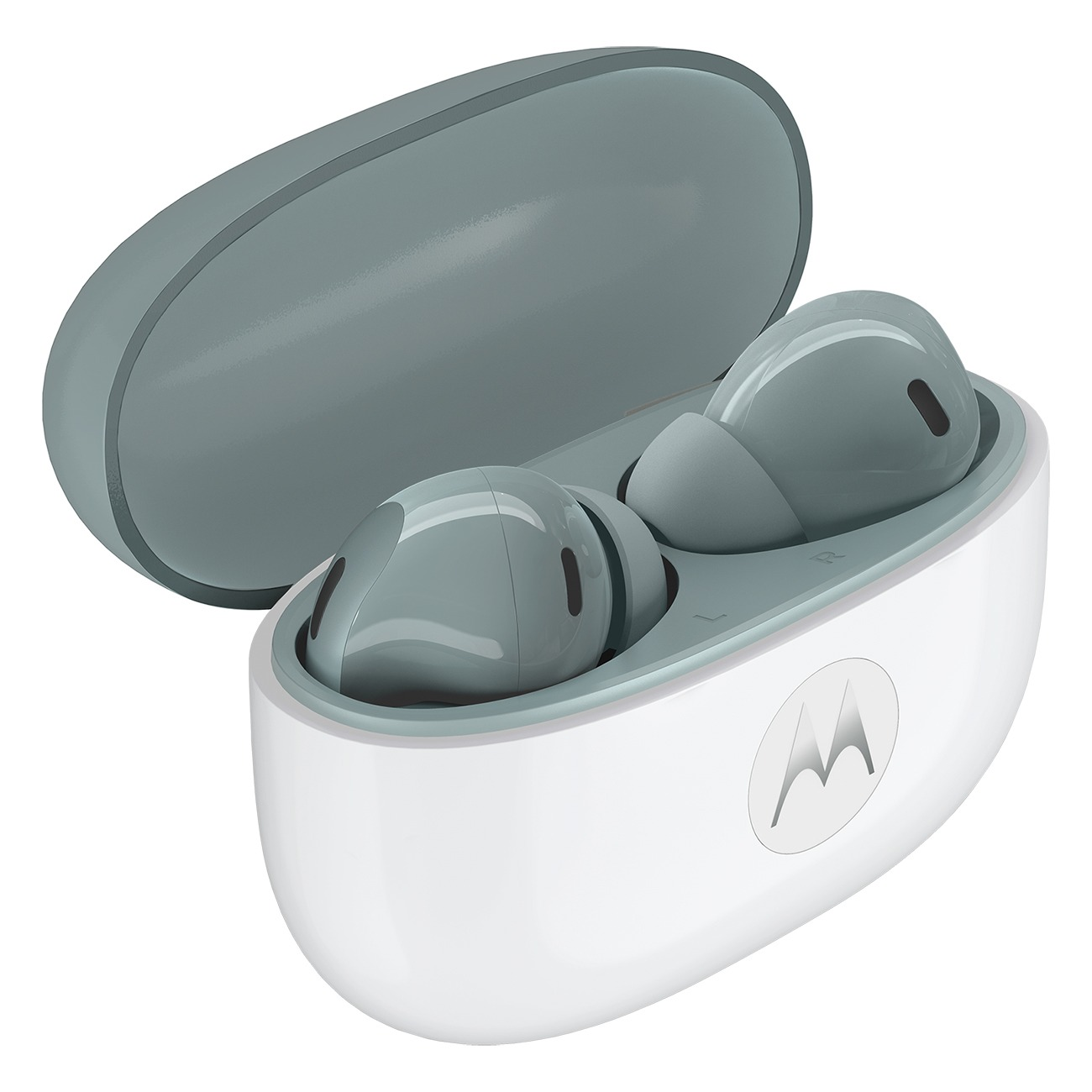 Graue Ohrhörer mit Ladecase und Motorola-Logo.