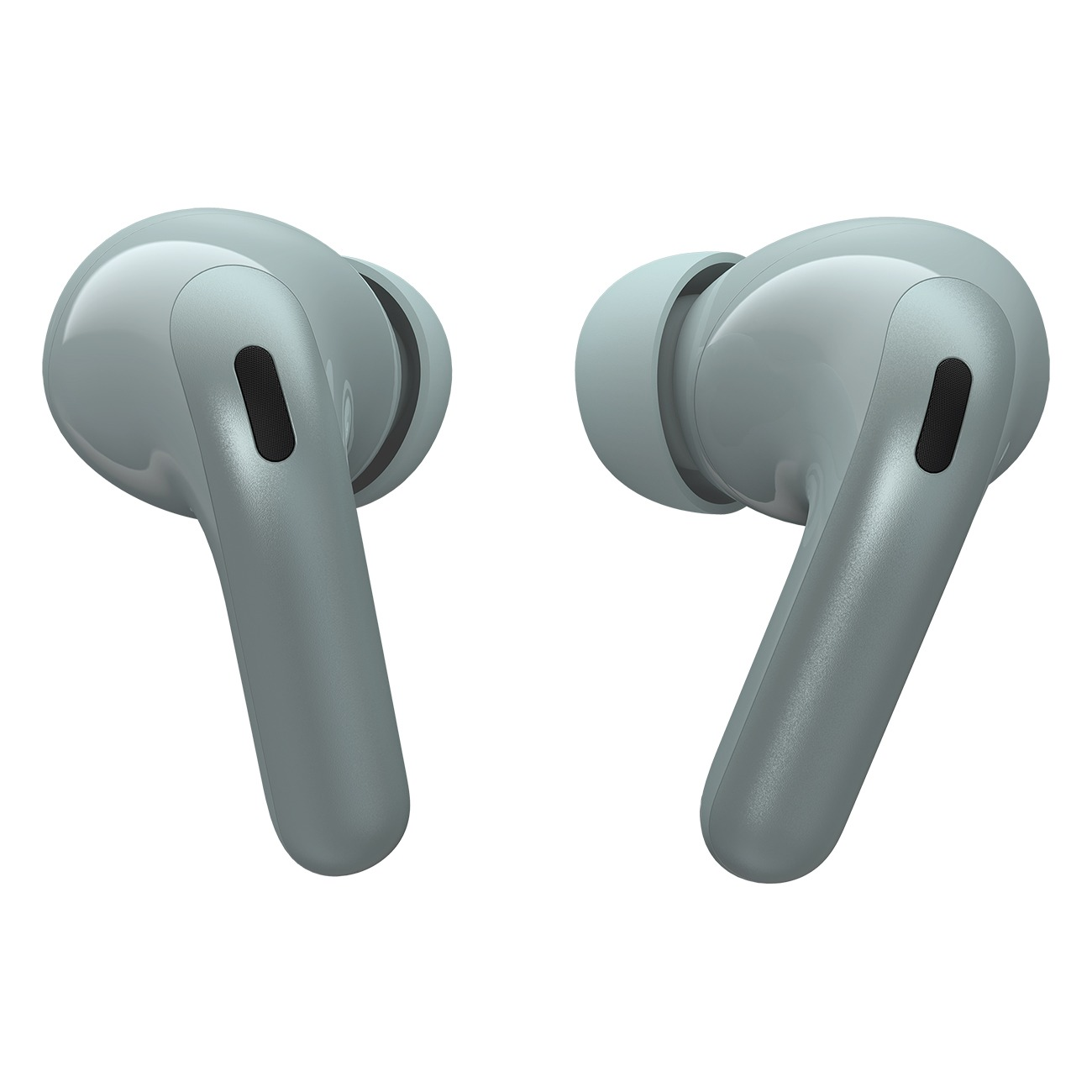 Zwei türkisfarbene In-Ear-Kopfhörer mit Stielen, auf weißem Hintergrund.