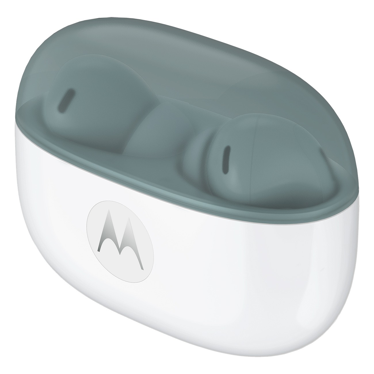 Ein weißes Ladeetui mit durchsichtigem, grauem Deckel, das Ohrhörer enthält. Motorola-Logo auf der Vorderseite.