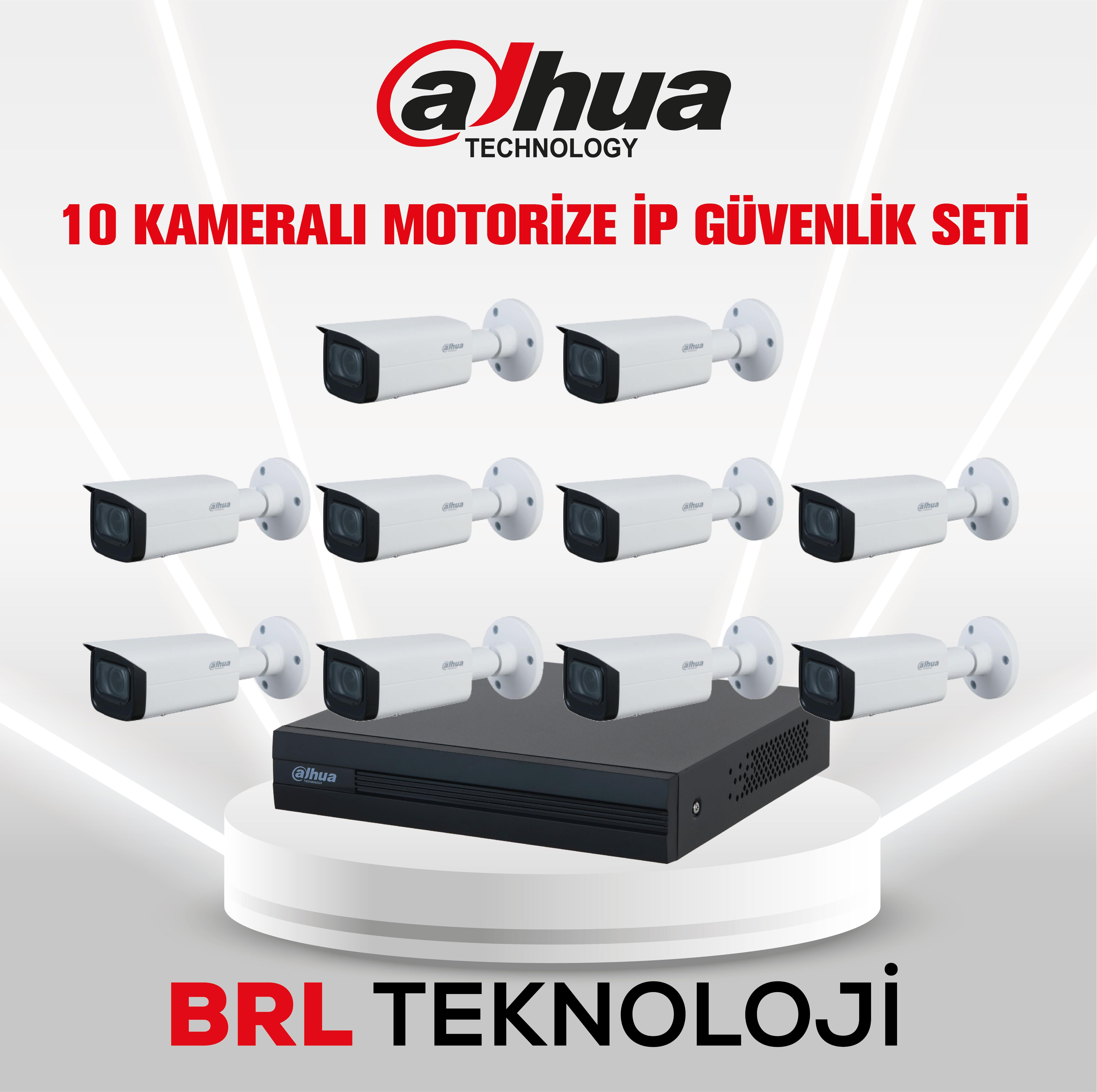 Dahua IP güvenlik kameraları ve NVR içeren 10 kameralı set.