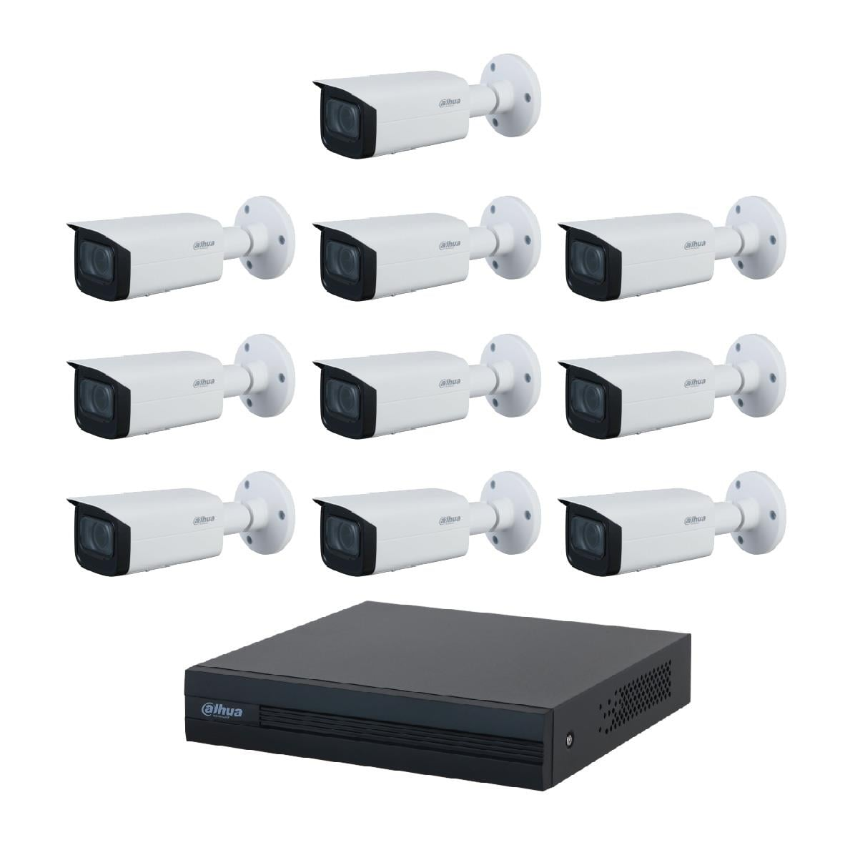 Siyah DVR ve sıralar halinde dizilmiş dokuz beyaz bullet kameradan oluşan güvenlik sistemi.