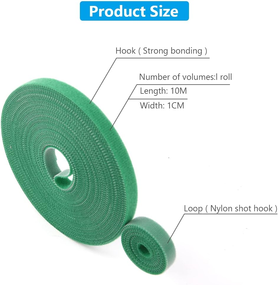Grünes Klettband, 10M lang, 1CM breit, aufgerollt. Beschriftung zeigt Haken und Schlaufen.