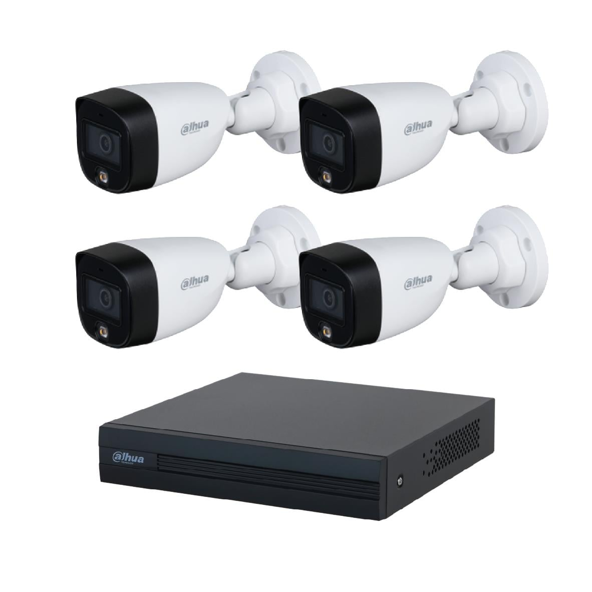 Dört beyaz güvenlik kamerası ve siyah bir DVR ünitesi.