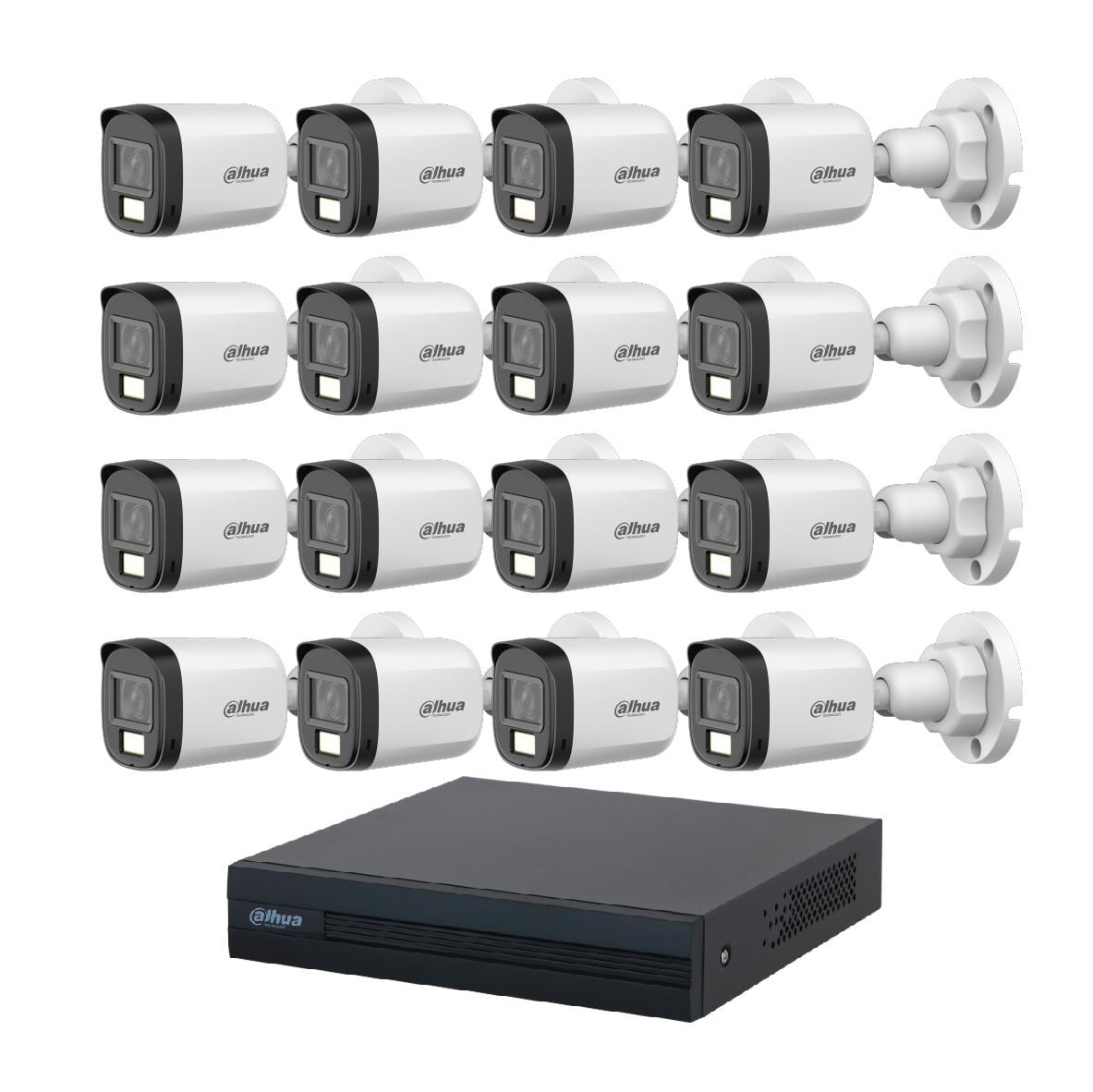 Siyah önlü beyaz güvenlik kameraları sıraları ve bir DVR cihazı.