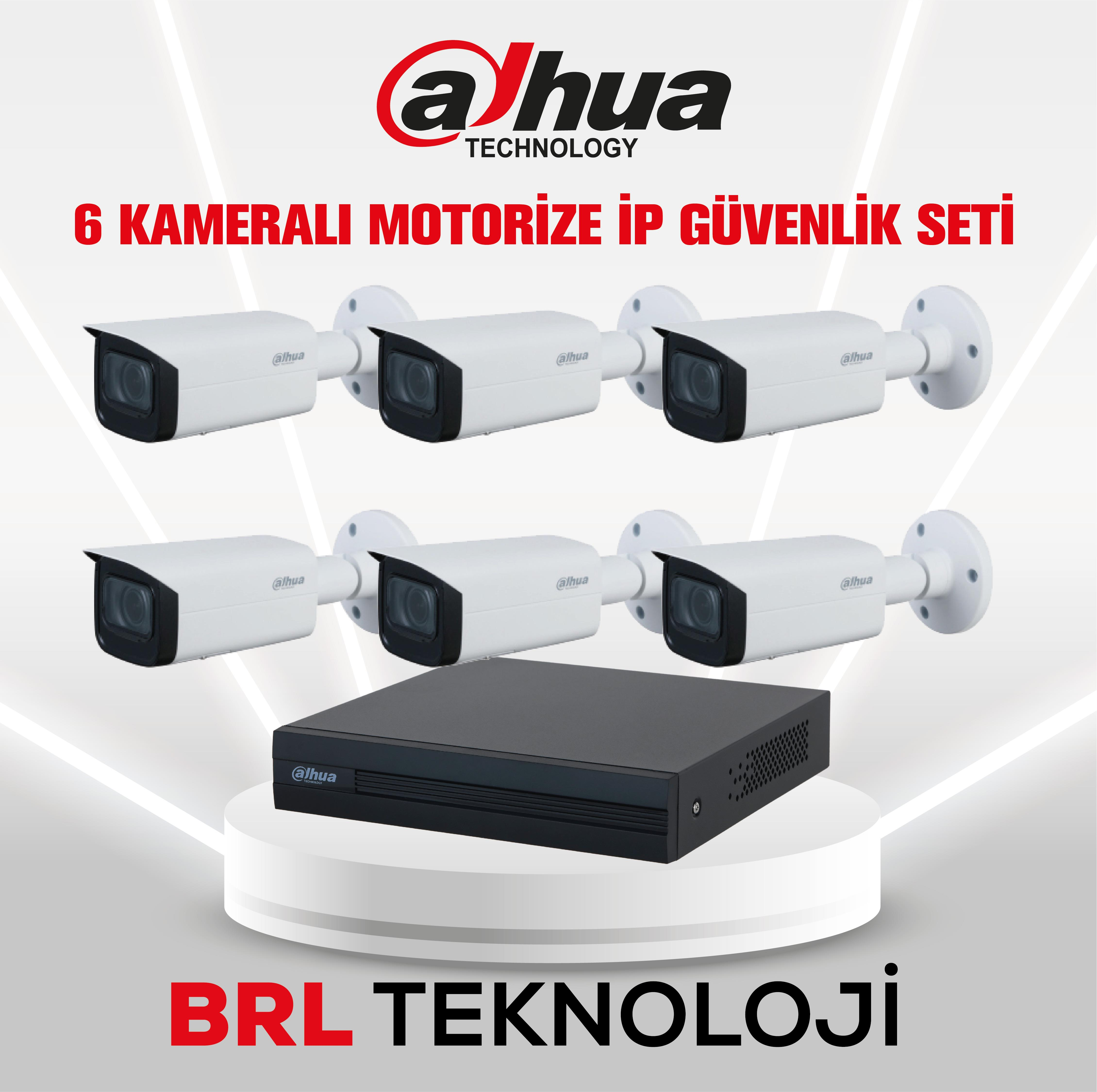 Altı beyaz Dahua IP kamera ve bir NVR kaide üzerinde, metinli.