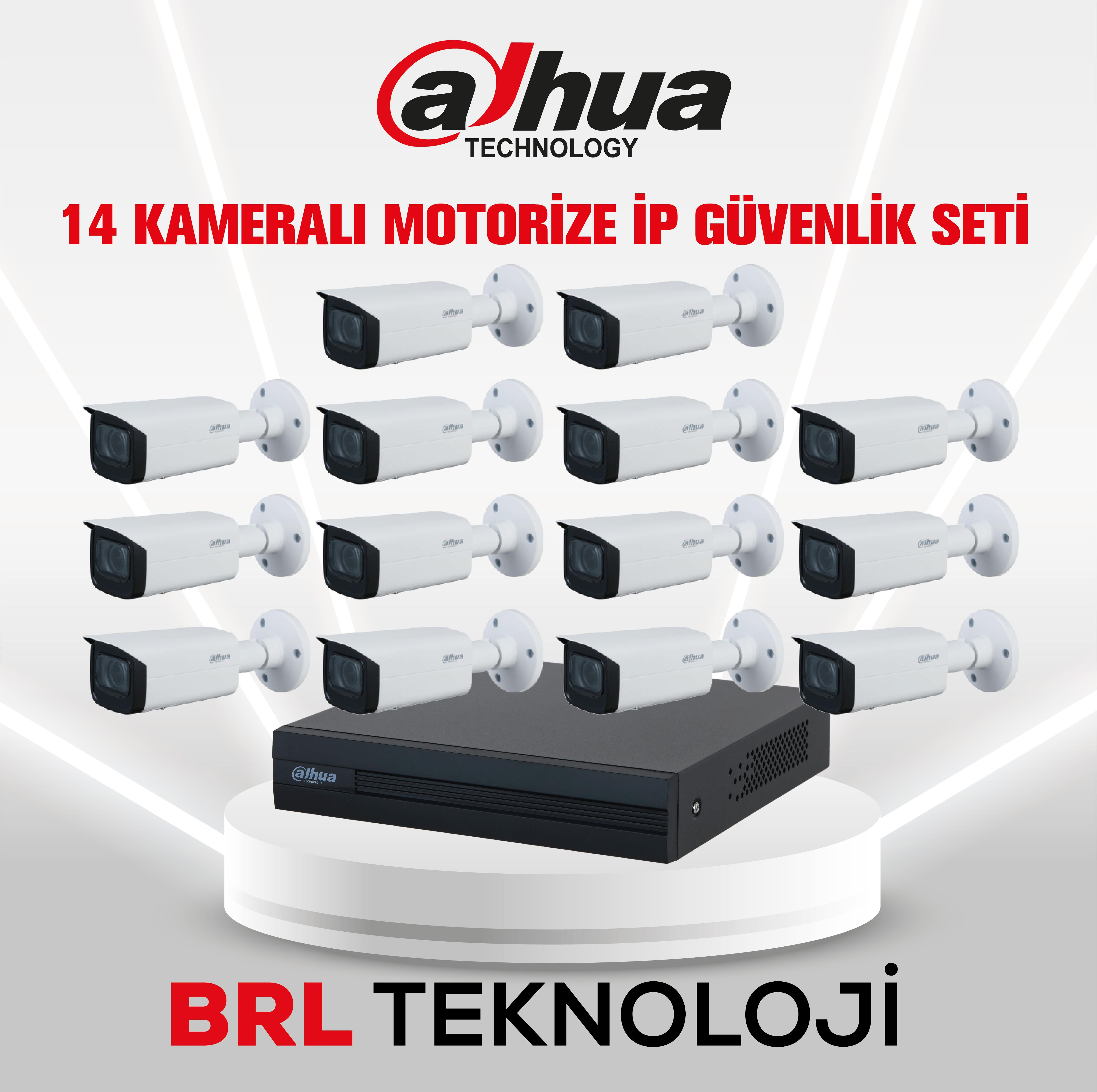 Bir sehpa üzerinde 14 adet Dahua IP kamera ve kaydedici.