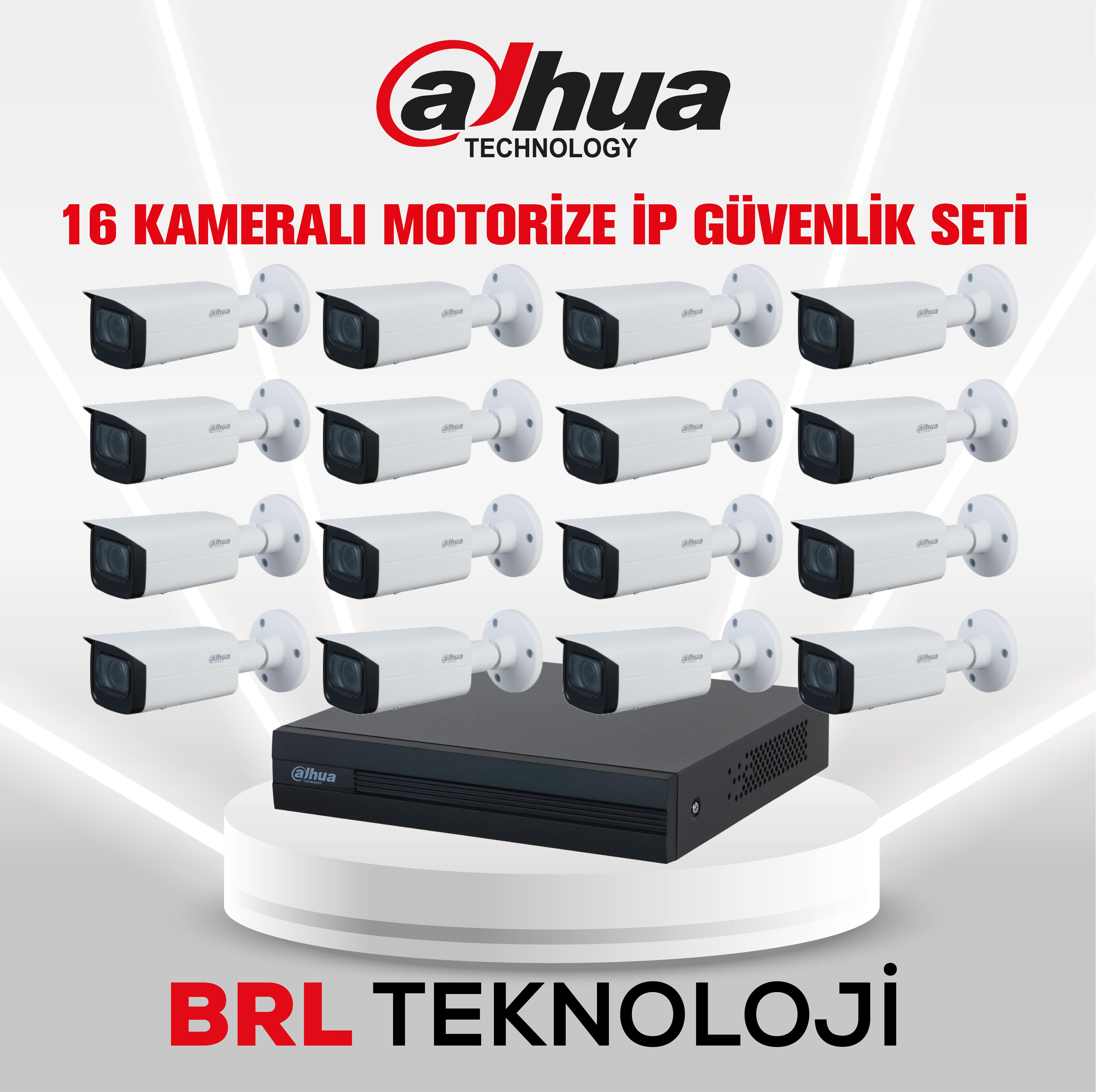 16 beyaz Dahua IP kamera ve siyah kayıt cihazı.