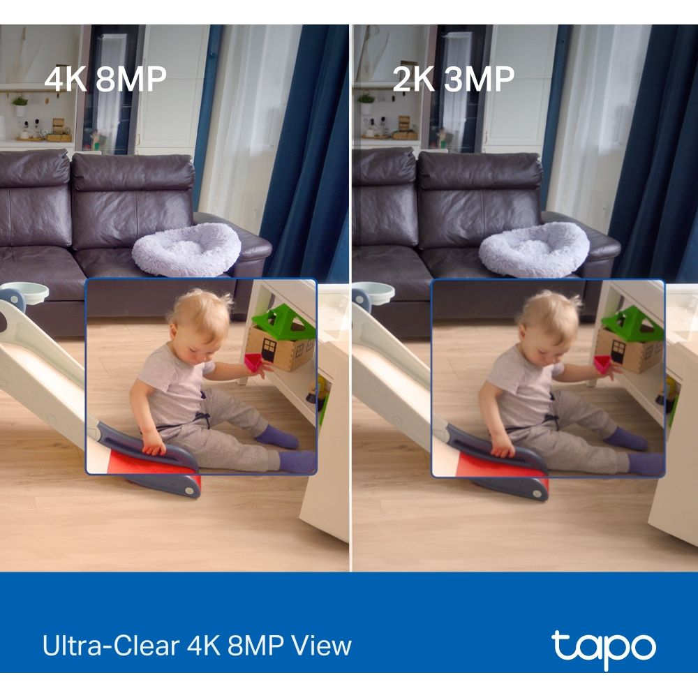 Bebek bir oyun alanında oynuyor. Solda 4K görünüm, sağda 2K görünüm.