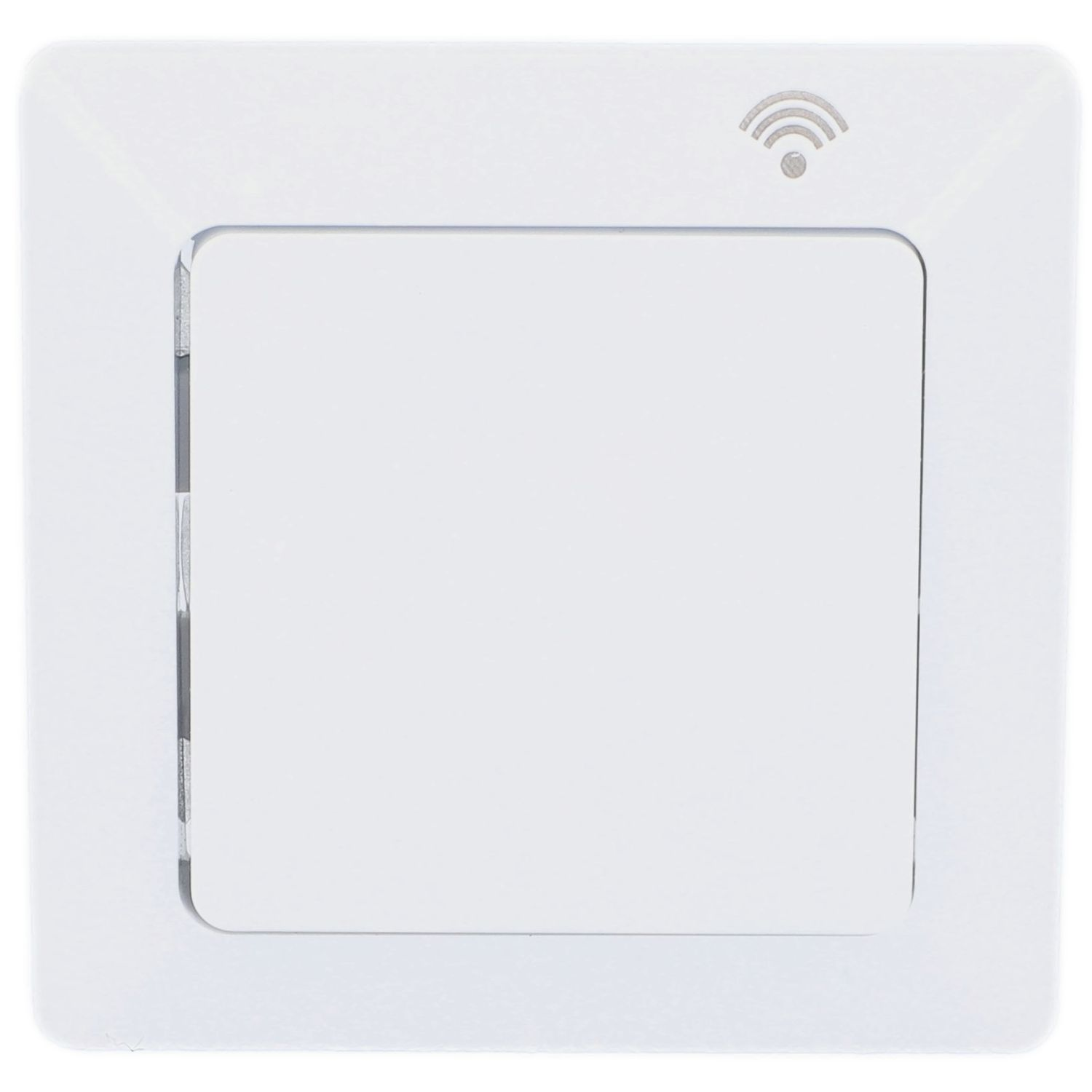 Ein weißer Wandschalter mit WLAN-Symbol oben rechts.