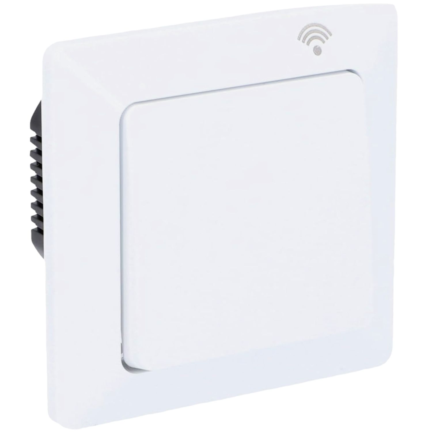 Ein weißer Wandschalter mit einem Wi-Fi-Symbol oben rechts und einem schwarzen Kühlkörper auf der linken Seite.