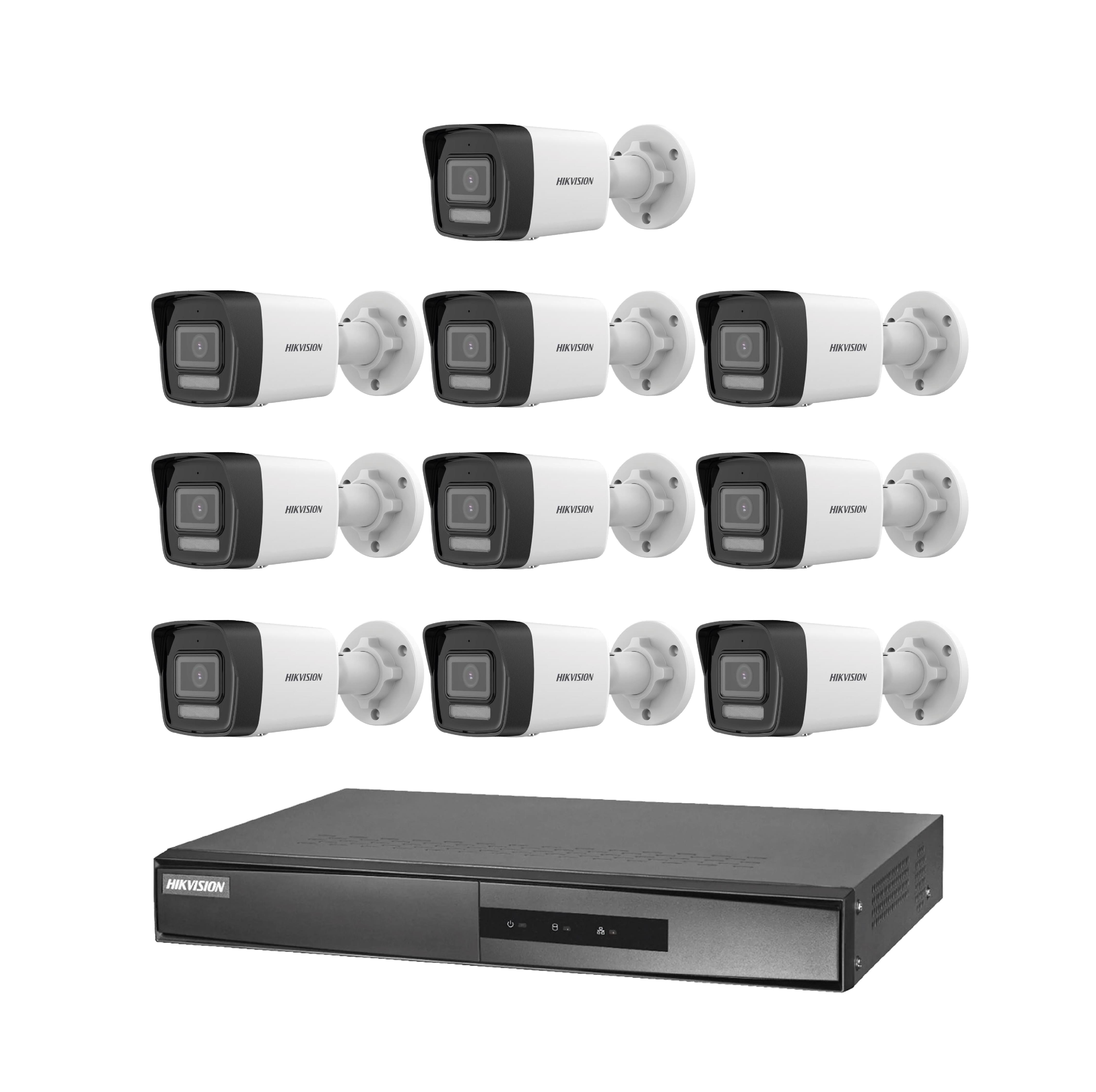 Siyah süslemeli on iki beyaz Hikvision kamera ve bir siyah DVR.