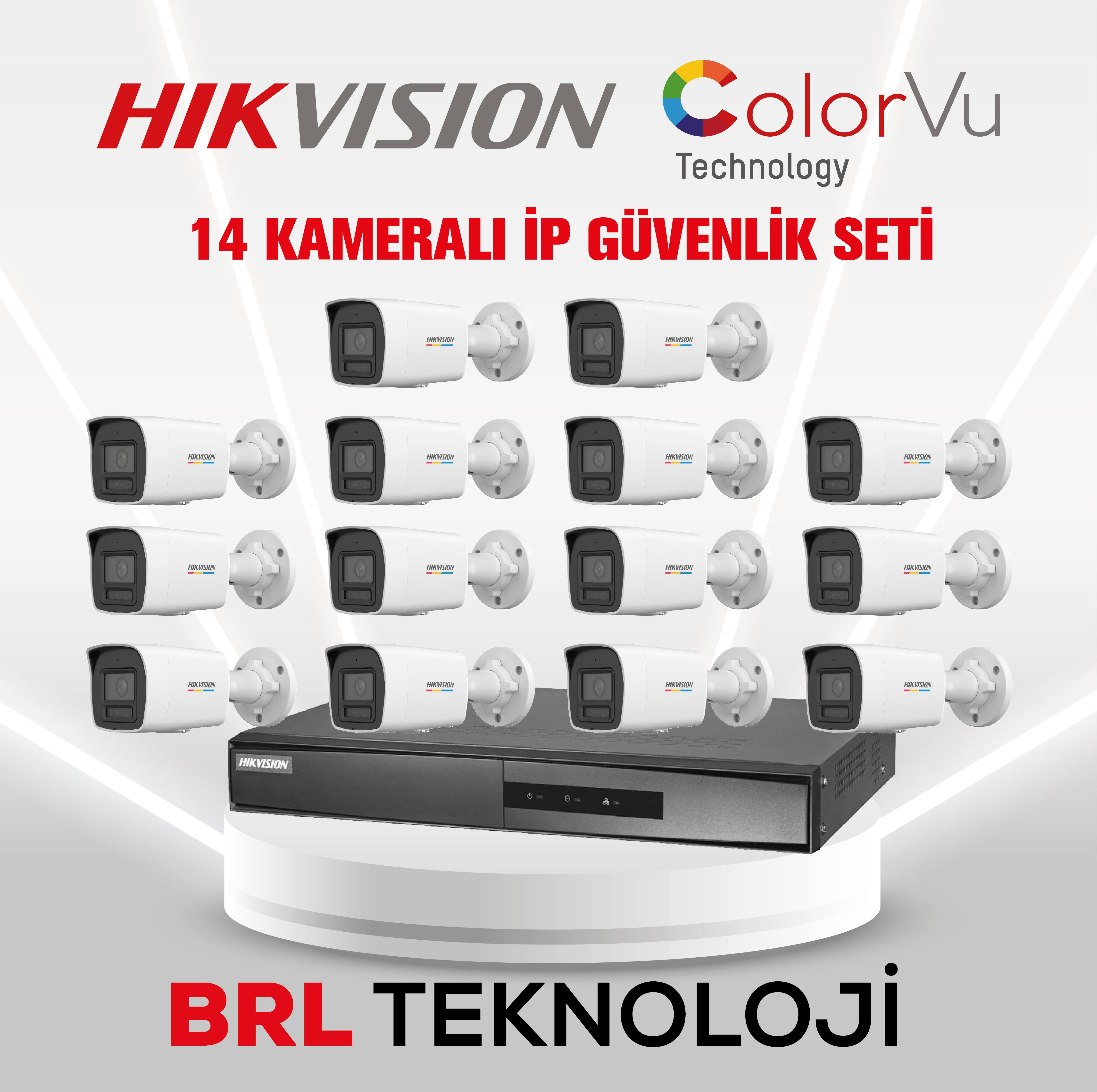 Hikvision ColorVu 14 kameralı IP güvenlik sistemi ve NVR.
