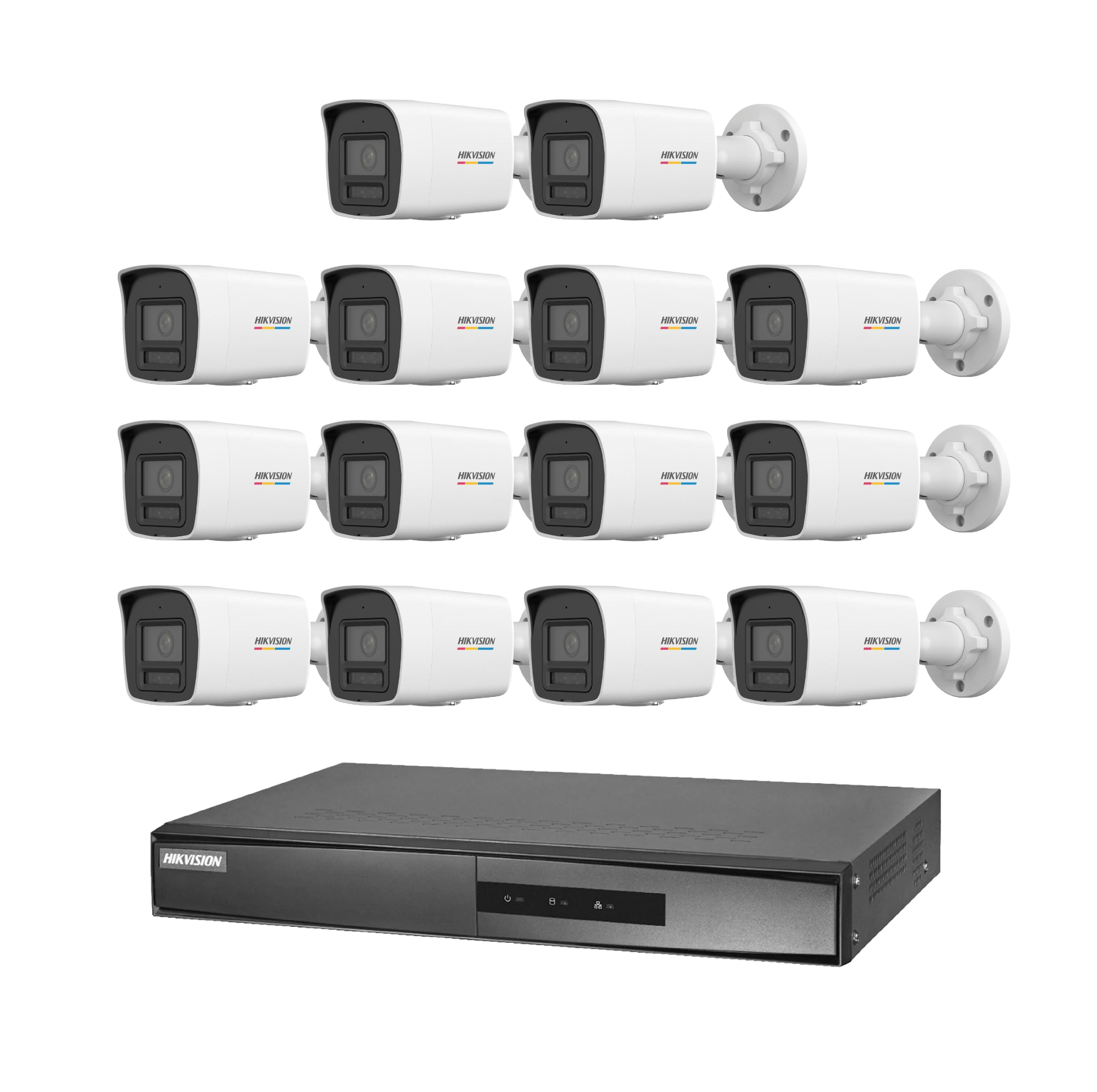 Beyaz arka plan üzerinde on iki beyaz Hikvision kamera ve bir siyah DVR kayıt cihazı.