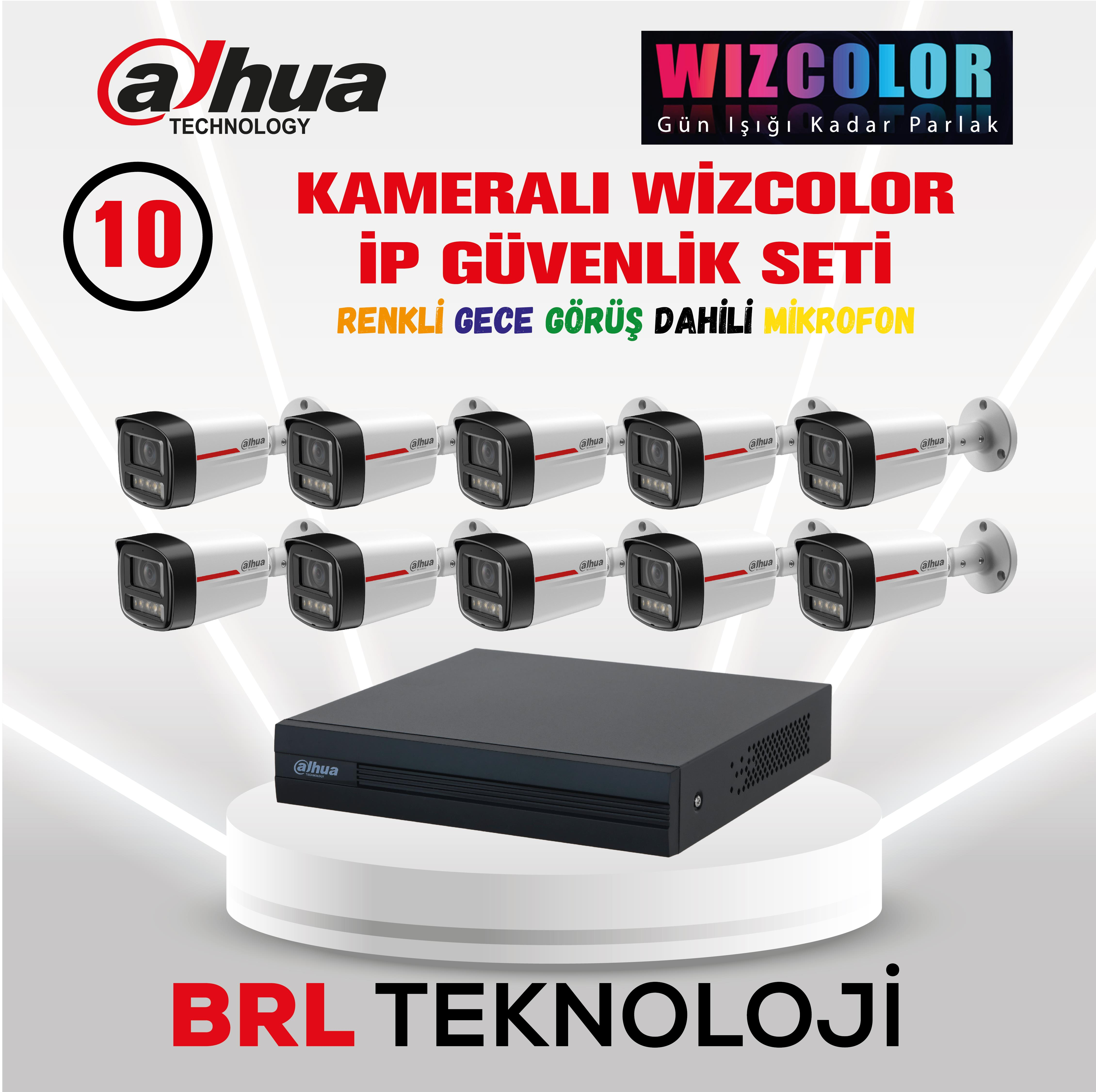 Wizcolor teknolojili on adet Dahua kamera ve NVR, renkli gece görüşlü.