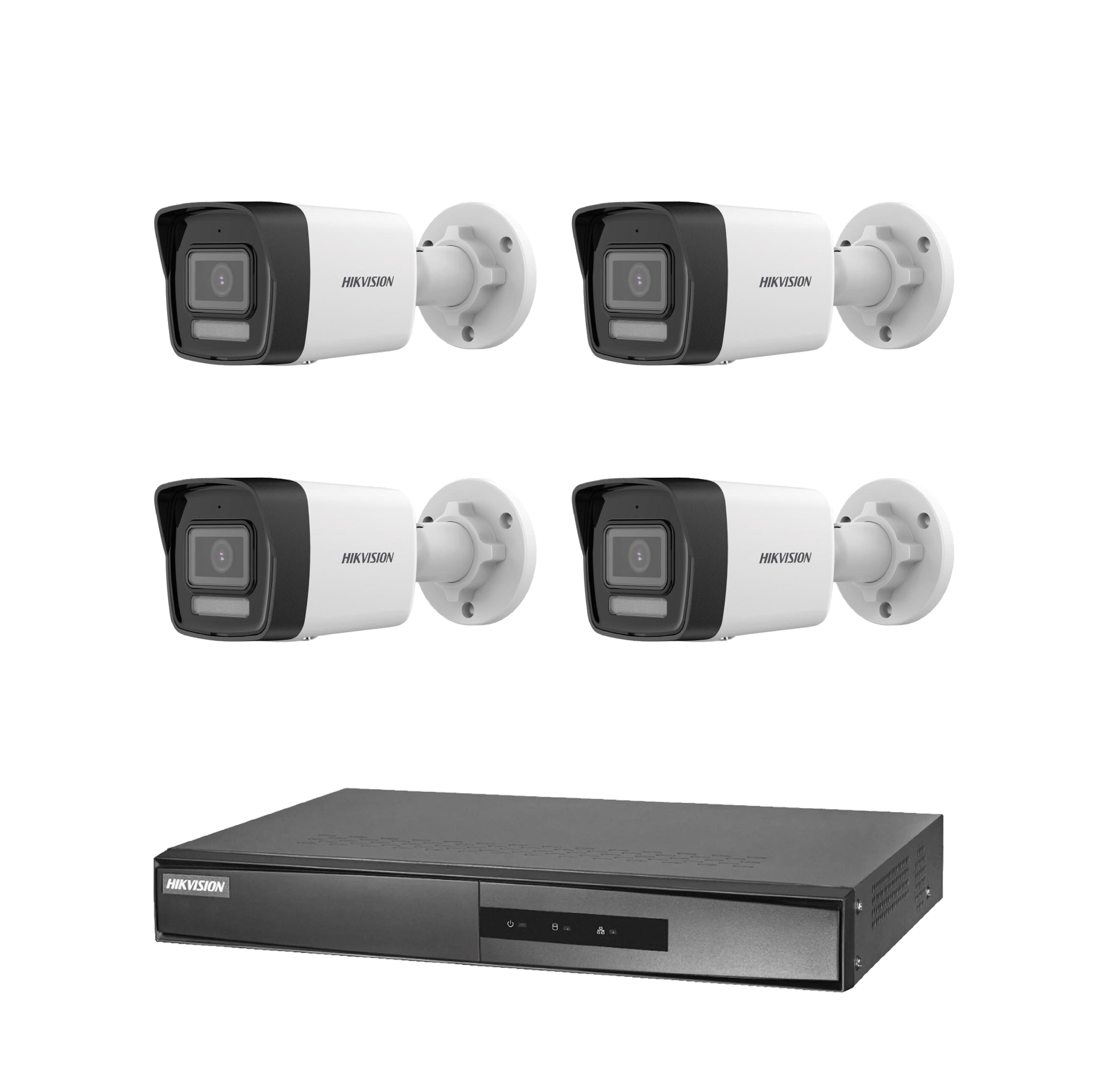 Dört beyaz Hikvision kamera ve beyaz arka planda siyah DVR kayıt cihazı.