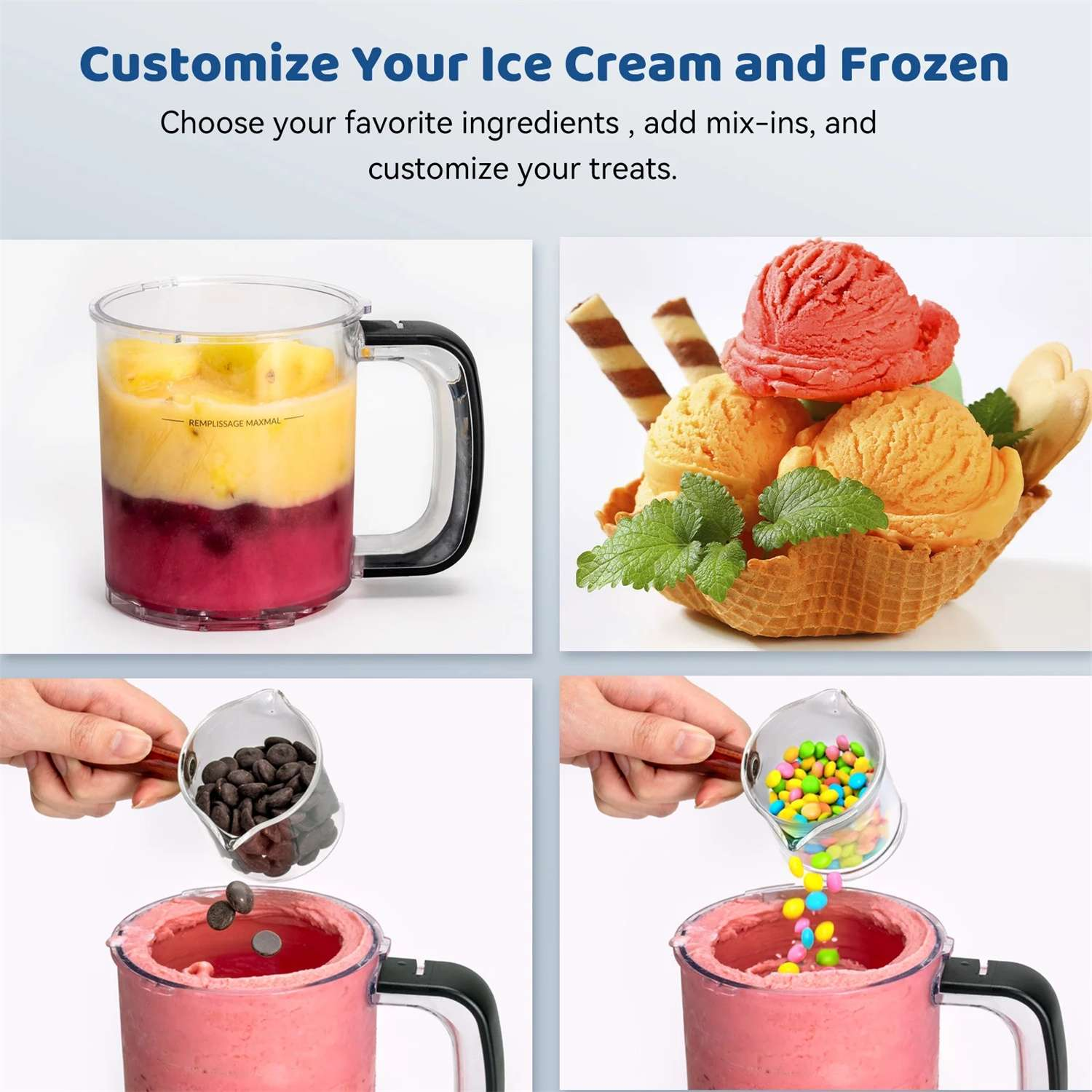 Vier Bilder zeigen die Zubereitung von Eiscreme: Frucht in einem Mixer, Eisbecher, Schokostückchen, bunte Streusel.