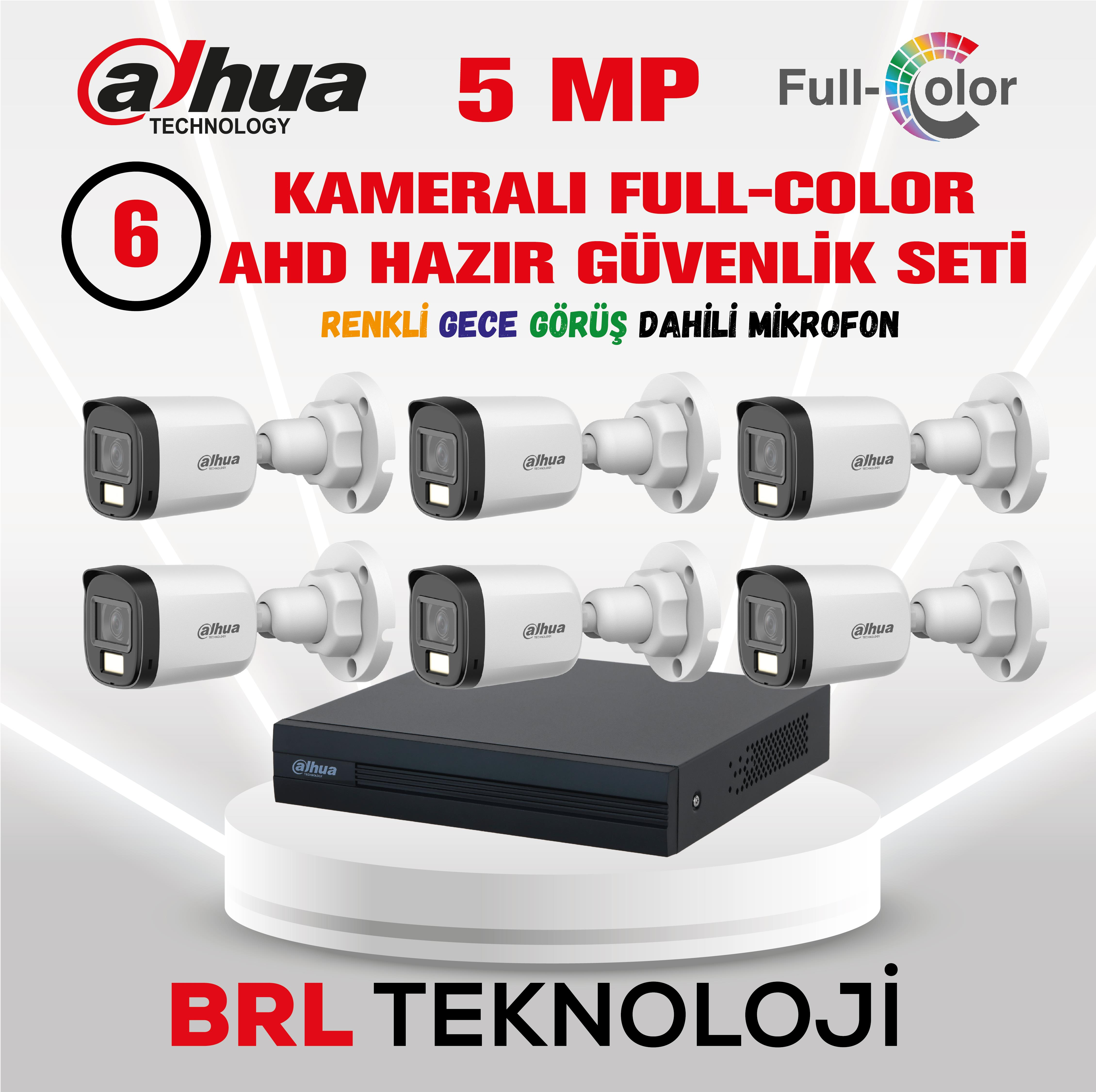 Dahua 5MP Full-Color AHD güvenlik seti, 6 kamera, gece görüşlü.