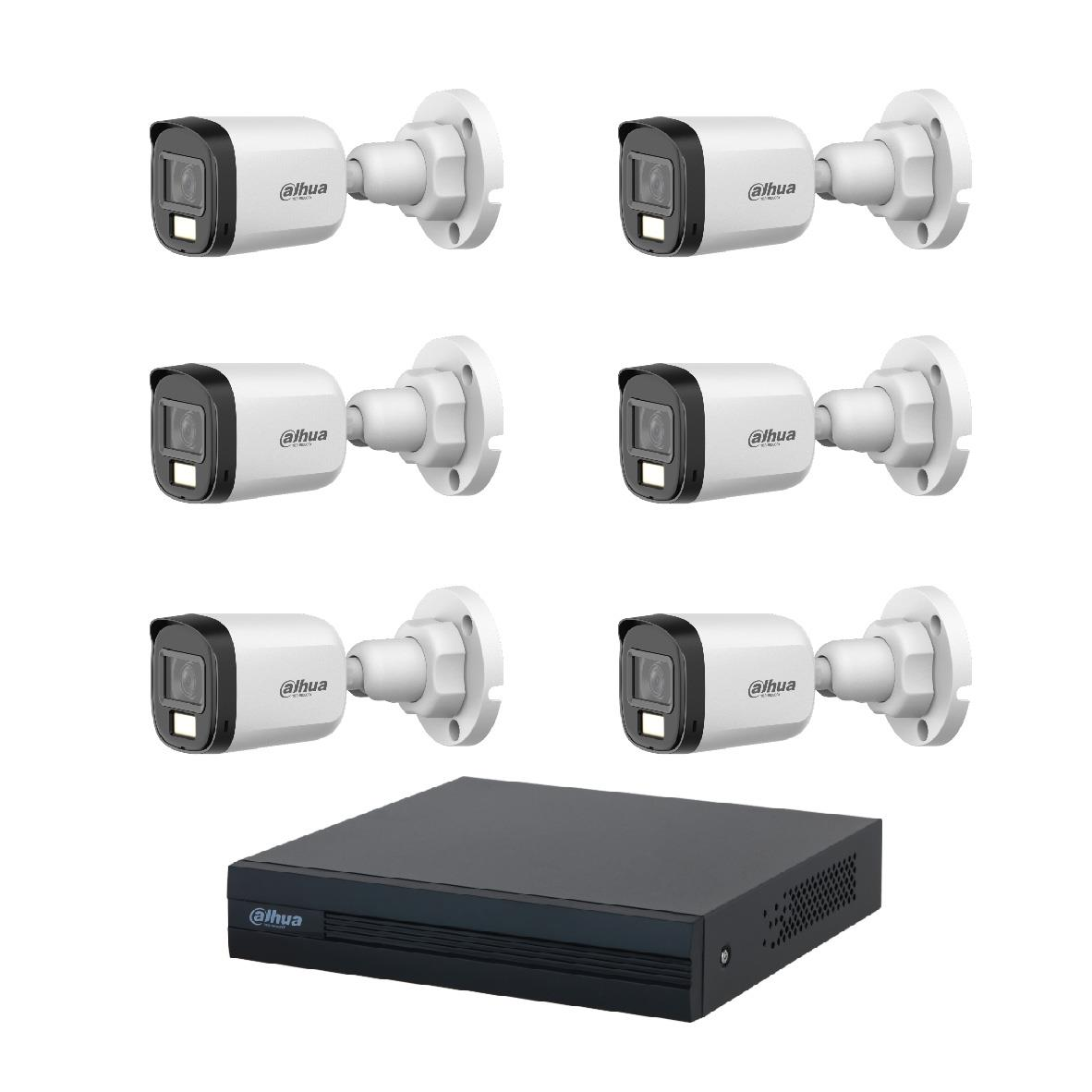 Altı beyaz Dahua güvenlik kamerası ve beyaz arka plan üzerinde siyah DVR ünitesi.