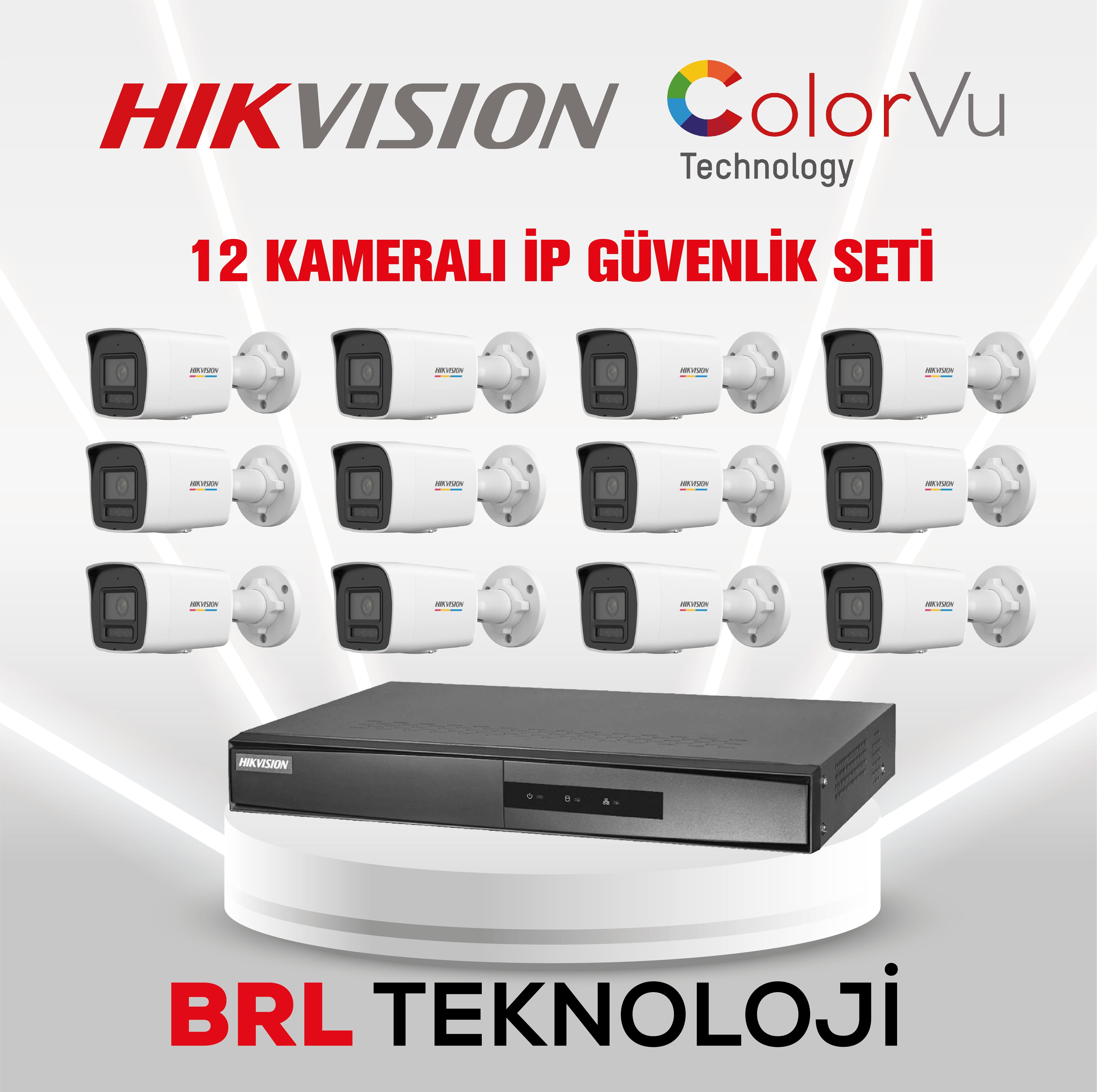 Hikvision kameralar ve DVR. Beyaz kameralar.
Siyah DVR. Toplam 12 kamera.