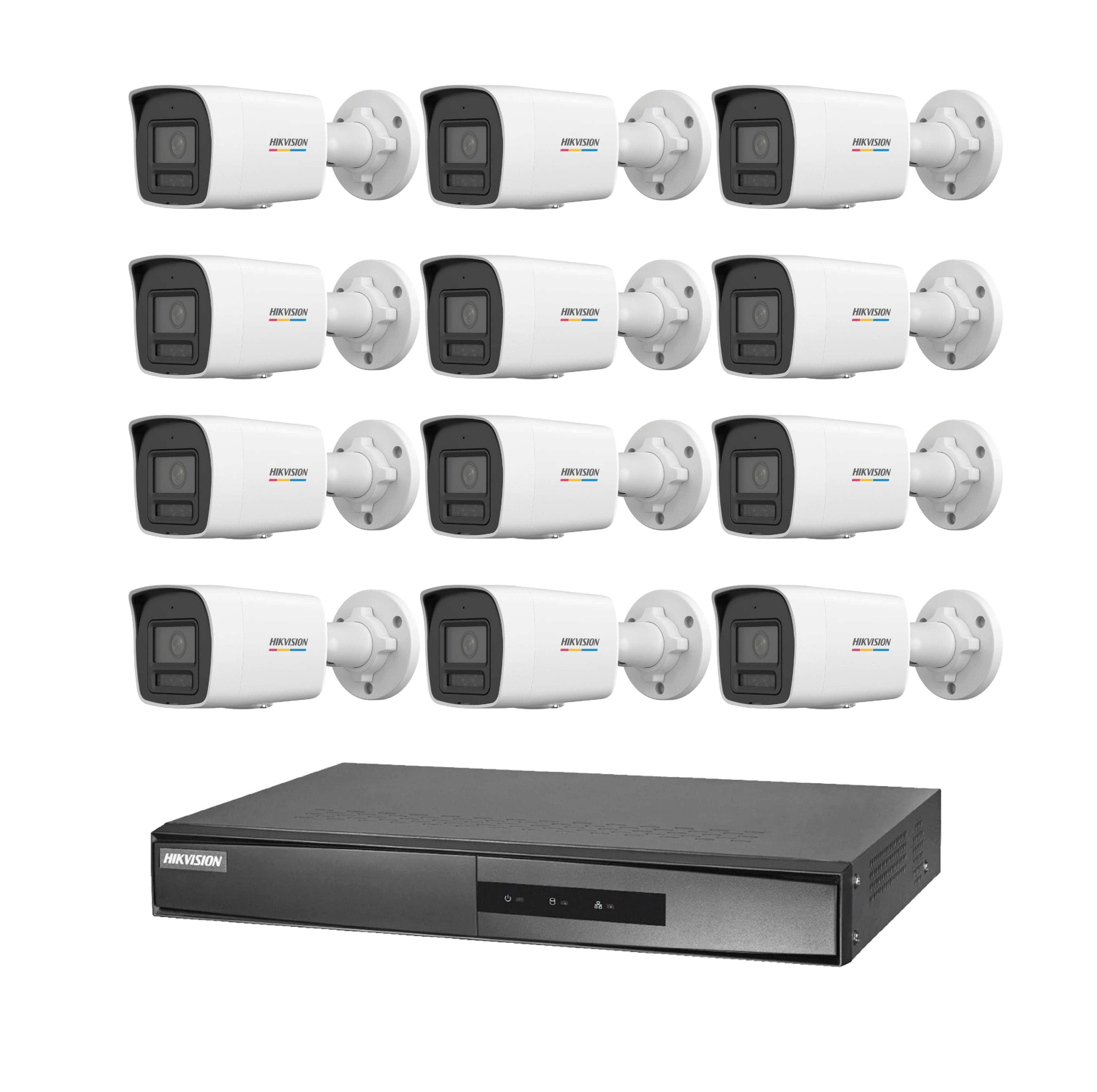 12 kamera ve NVR kaydedici içeren bir Hikvision güvenlik kamerası seti.