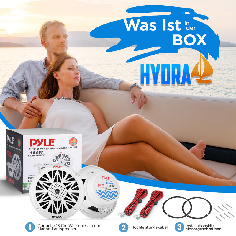 Paar auf Boot, Pyle Marine-Lautsprecher mit Zubehör, "Was ist in der Box HYDRA".