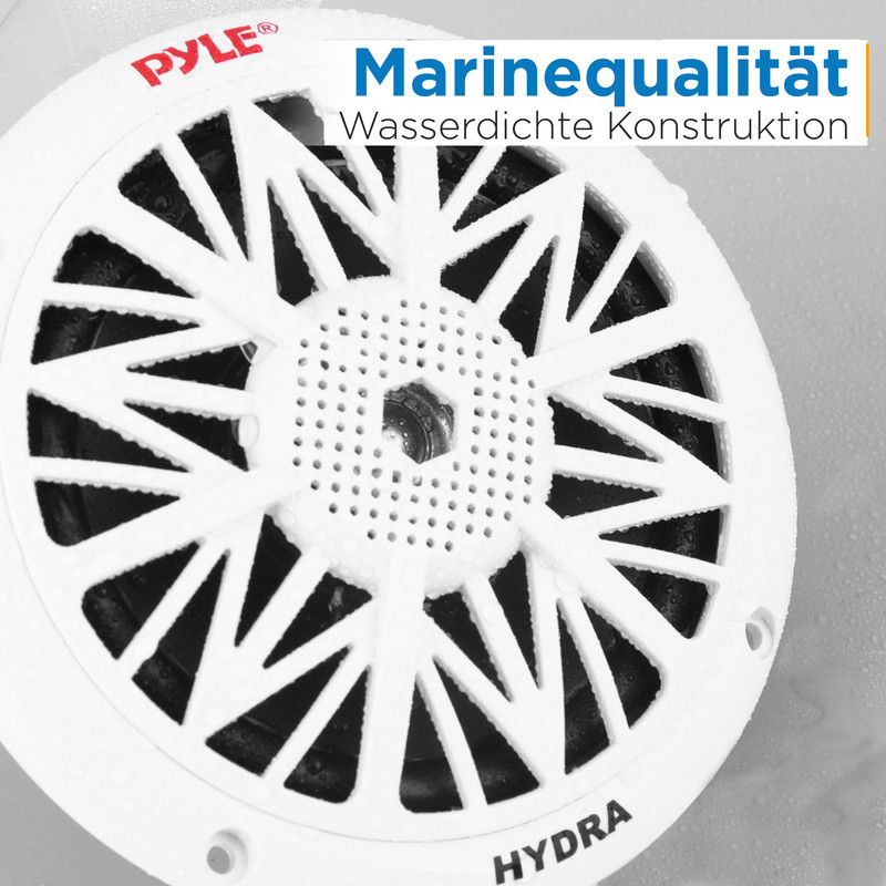 Weißer Lautsprecher mit Gitter und "Pyle"-Logo. Marinequalität.
