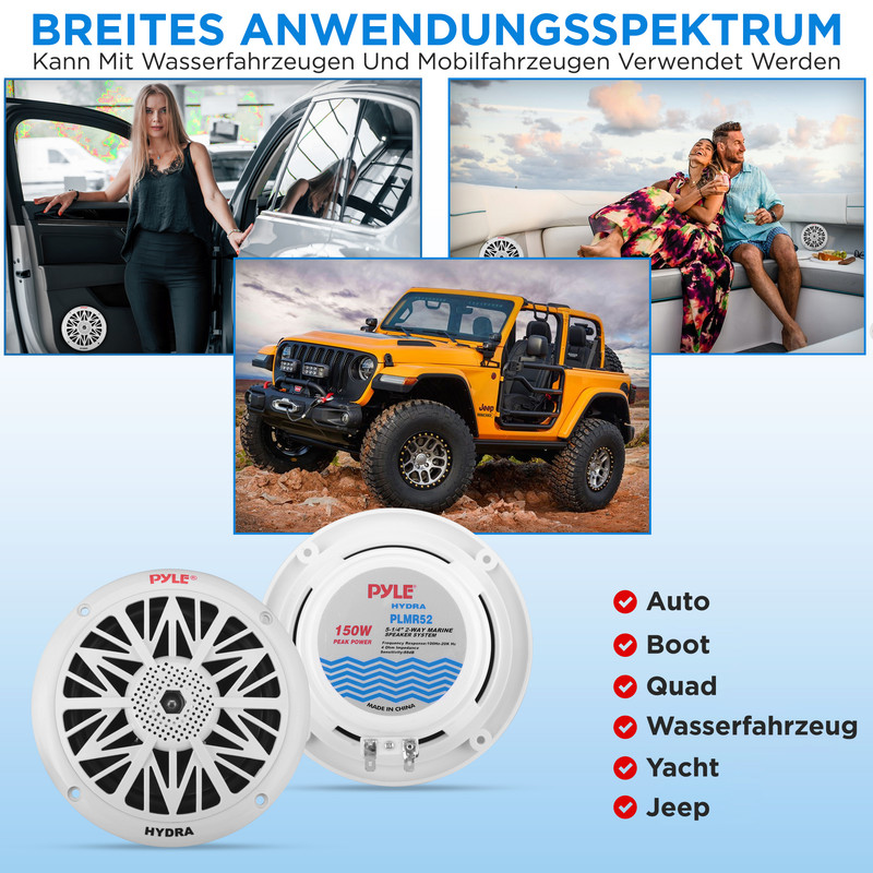 Collage zeigt Auto, Boot, Jeep, Frau im Auto, Paar auf Boot, Jeep, und Lautsprecher.