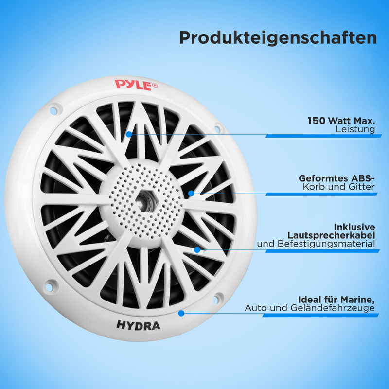 Ein weißer Pyle Hydra Lautsprecher mit schwarzem Gitter und Text-Hinweisen.