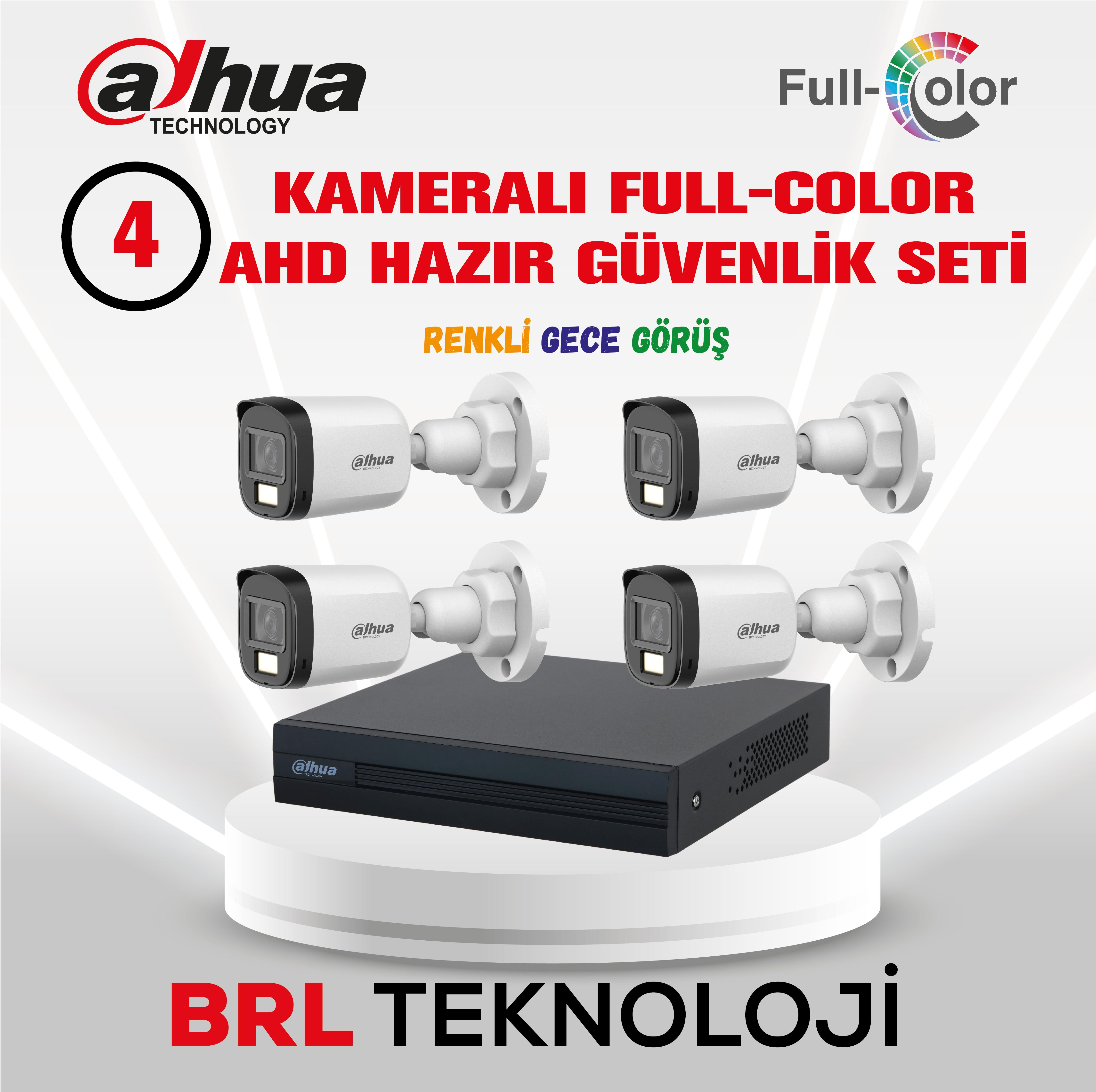 Dahua 4 kameralı full-color AHD güvenlik seti, DVR ve gece görüşlü.