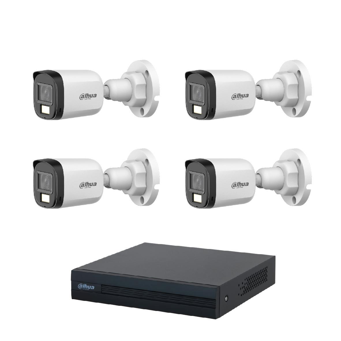 Dört beyaz Dahua güvenlik kamerası ve beyaz arka plan üzerinde siyah DVR ünitesi.