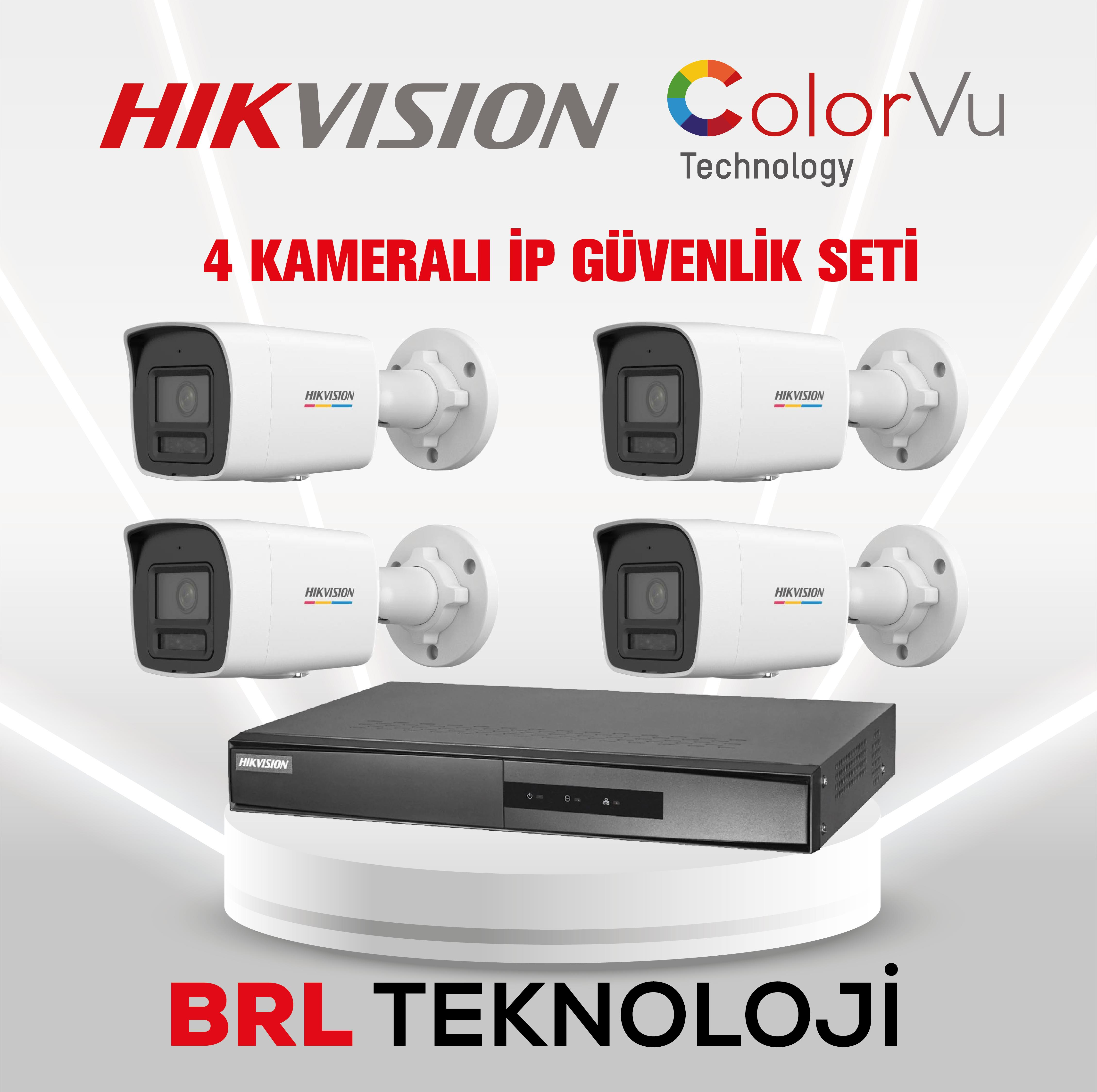 Hikvision ColorVu seti: 4 beyaz kamera ve bir siyah kayıt cihazı stant üzerinde.