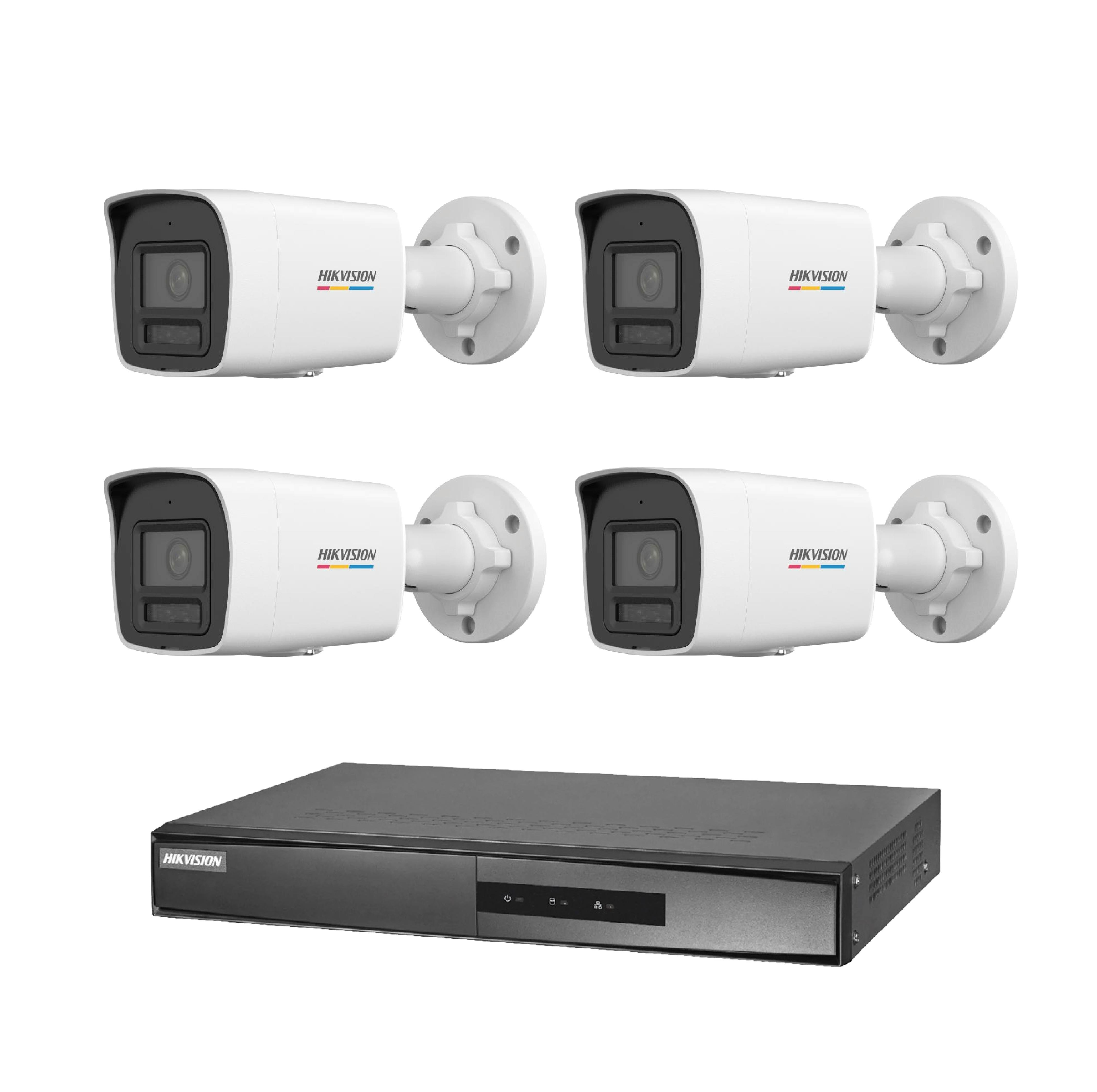 Dört beyaz Hikvision güvenlik kamerası ve siyah bir DVR ünitesi.