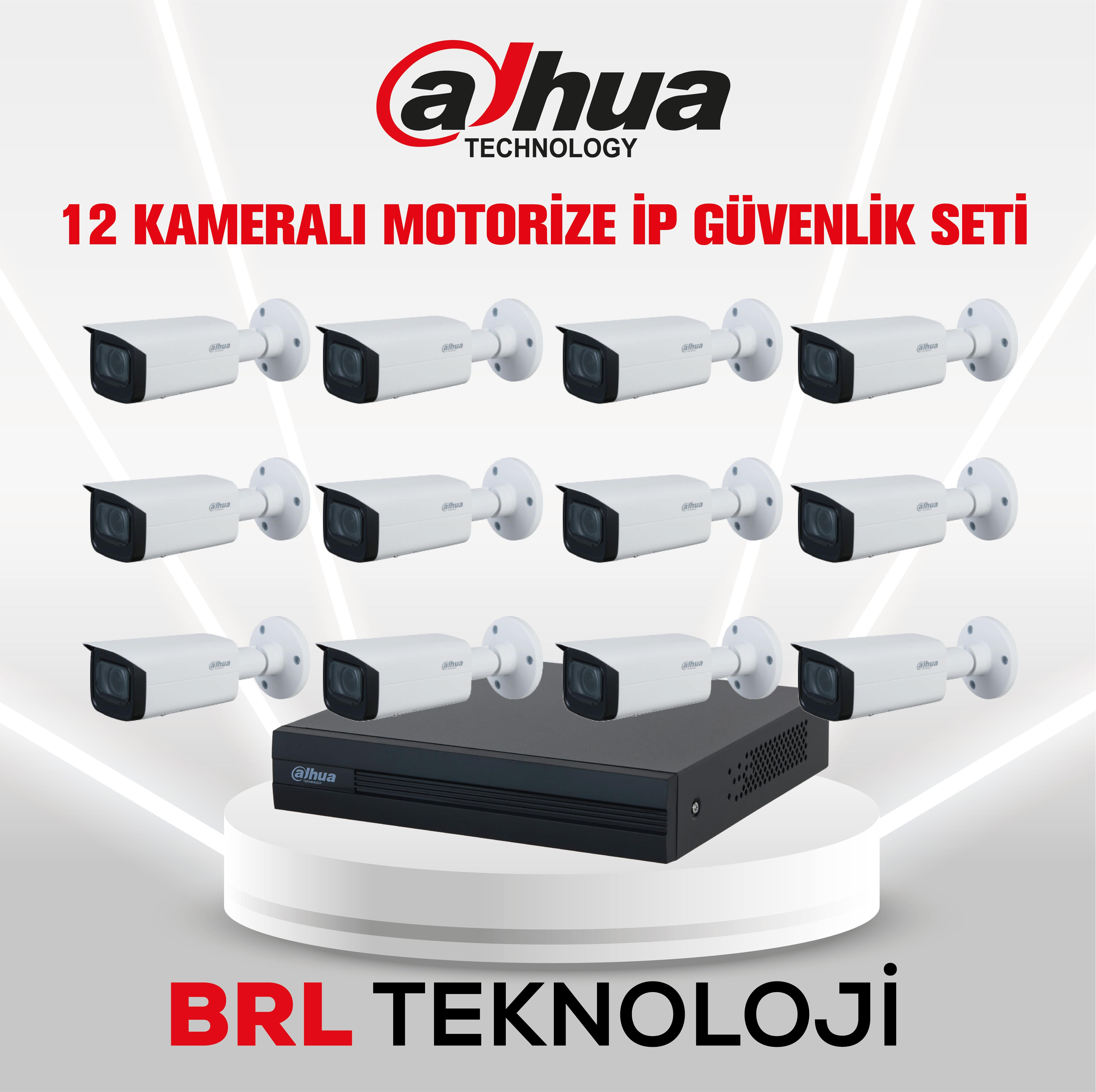 Dahua logolu 12 beyaz IP kamera ve siyah kayıt cihazı.
