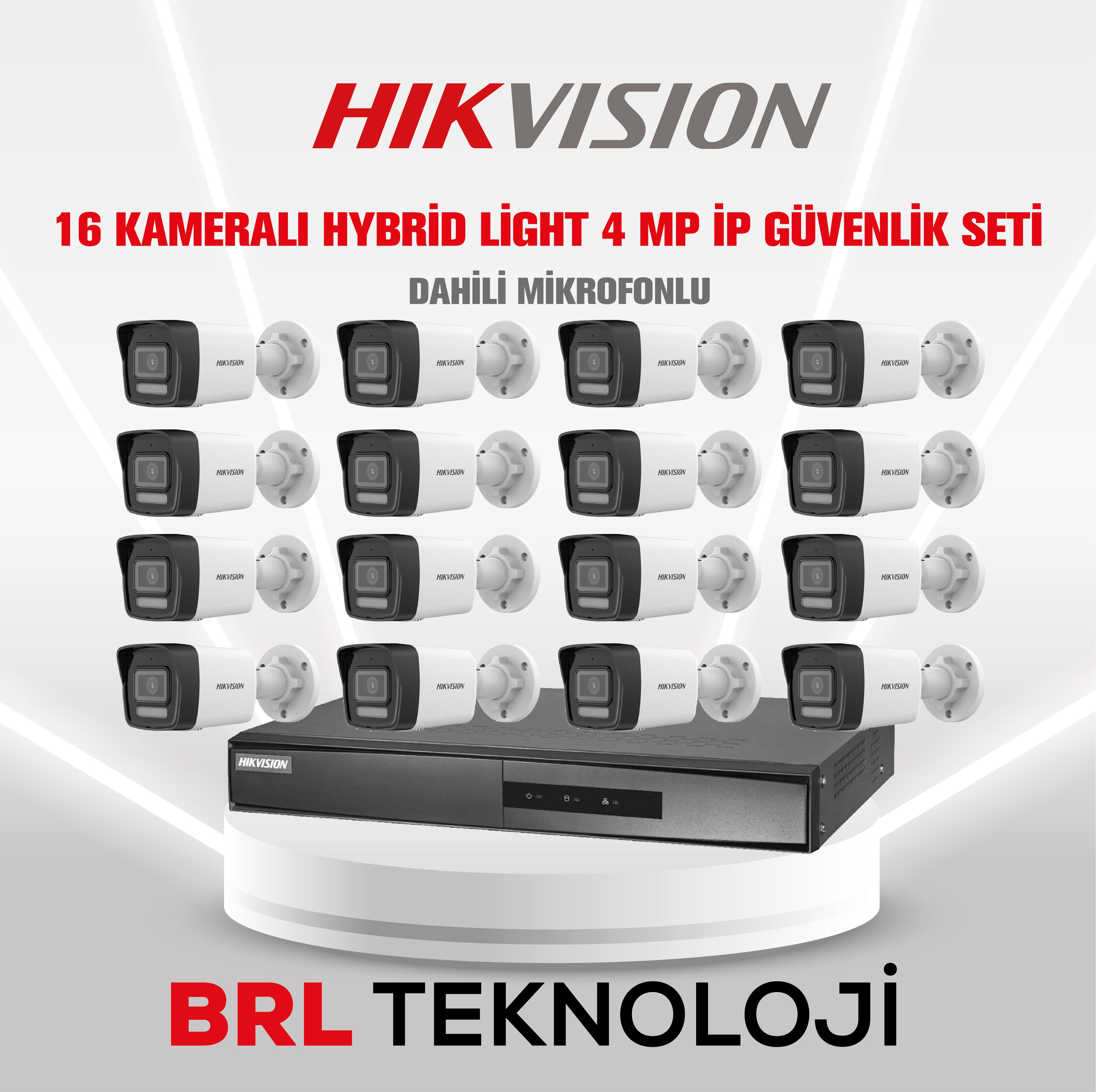 Hikvision 16 kameralı set, 4 MP IP kameralar ve dahili mikrofonlar.