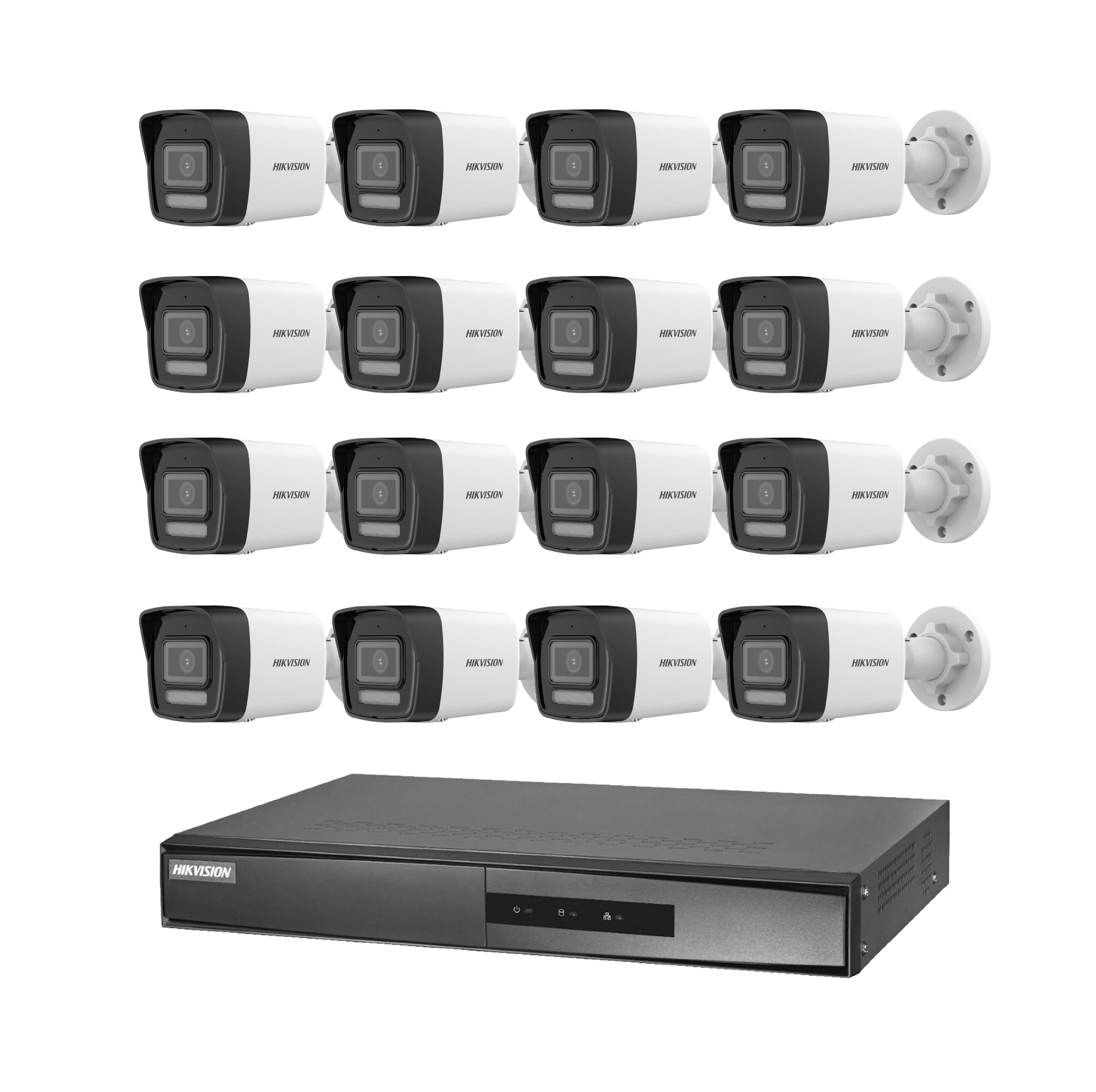 16 beyaz Hikvision kamera ve bir siyah Hikvision kaydedici.