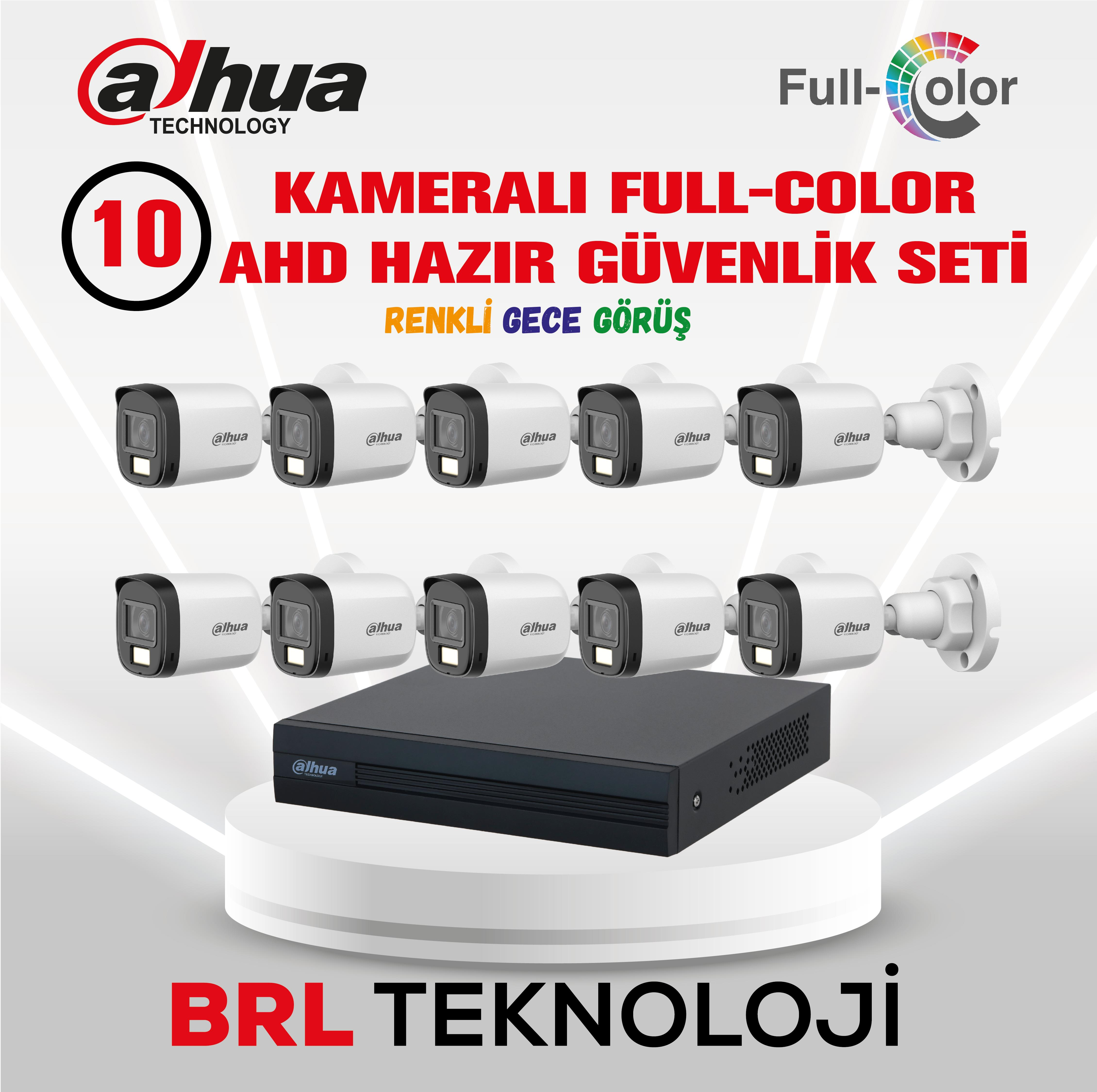 On adet Dahua Full-Color AHD güvenlik kamerası ve bir NVR cihazı bir kürsüde.
