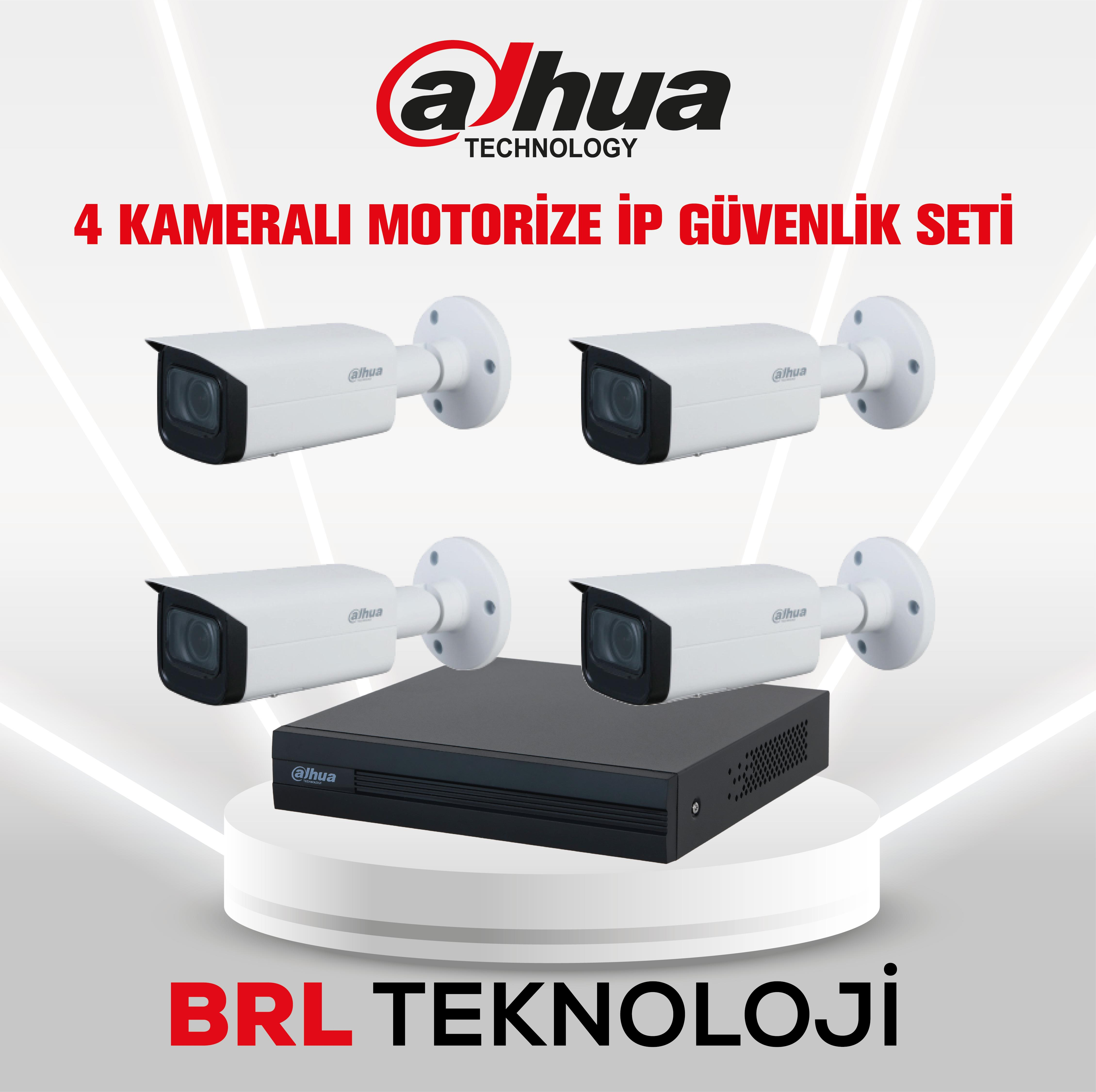 Dört beyaz Dahua IP kamera ve siyah kayıt cihazı kaideler üzerinde.