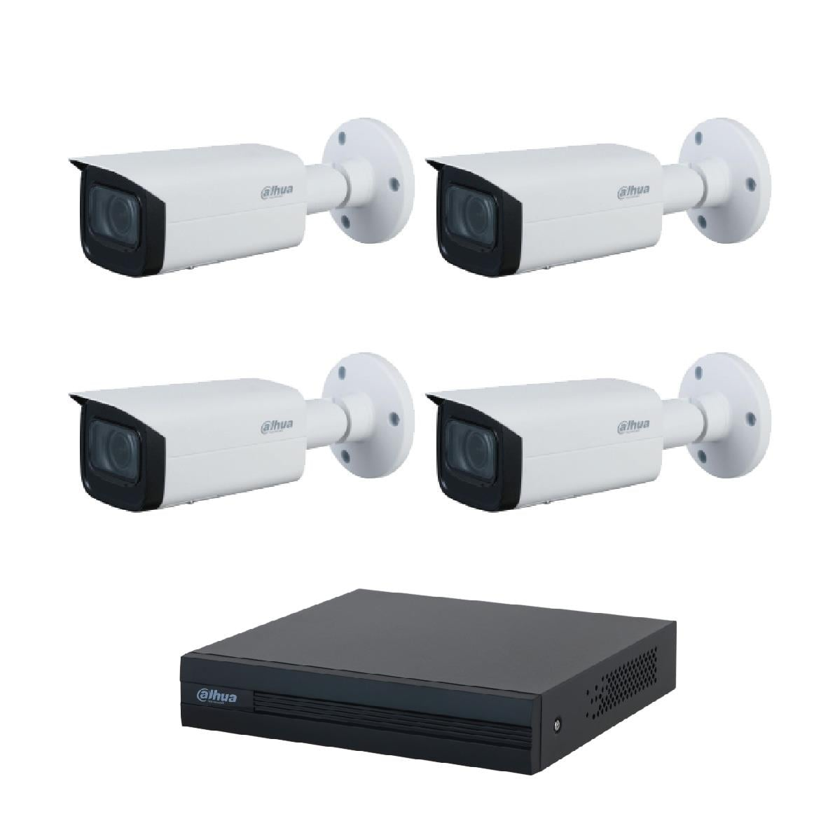 Dört beyaz Dahua kamera ve bir siyah Dahua DVR beyaz arka plan üzerinde.