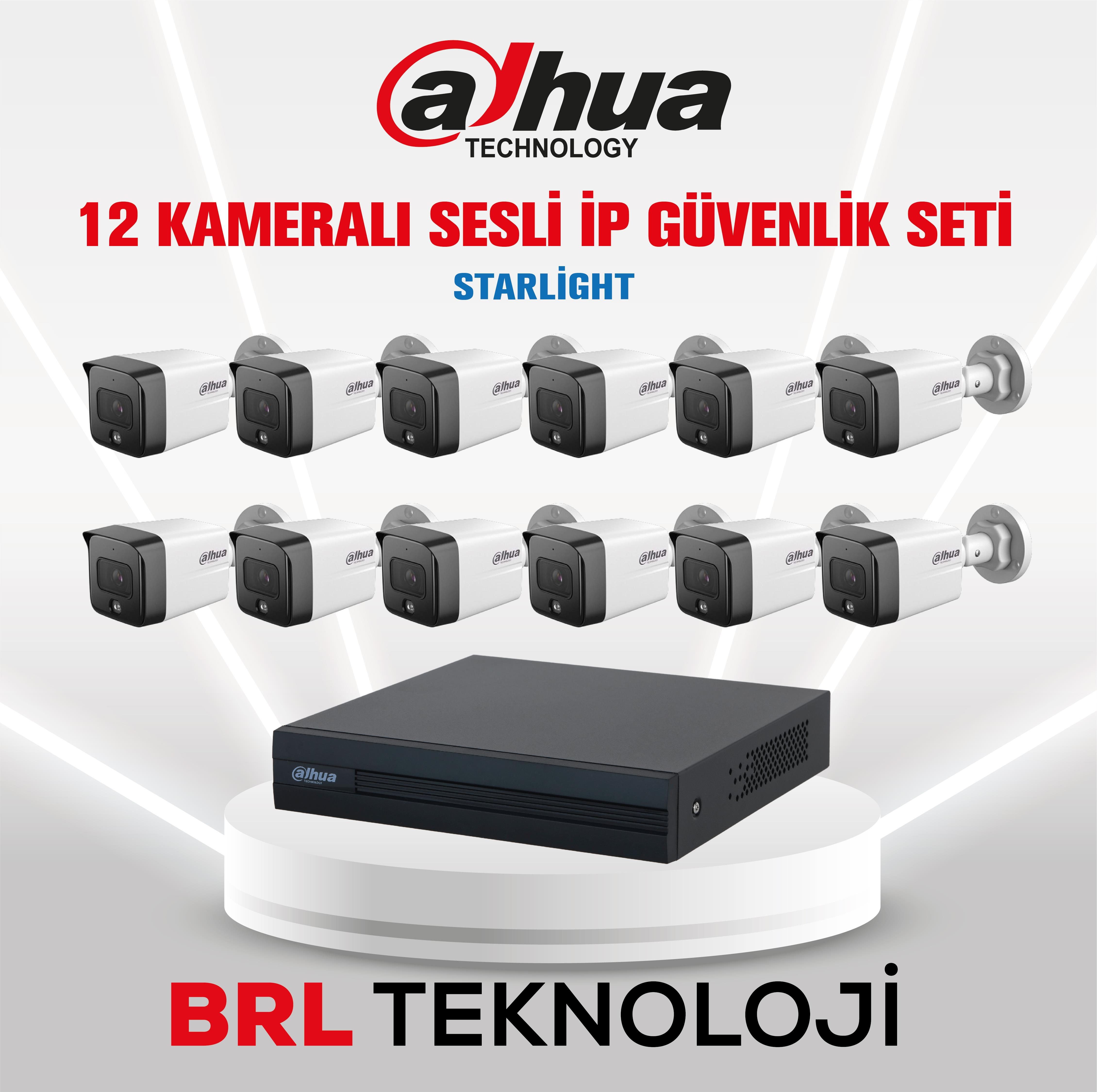 Dahua 12 kameralı IP güvenlik seti, kameralar ve kayıt cihazı içerir.