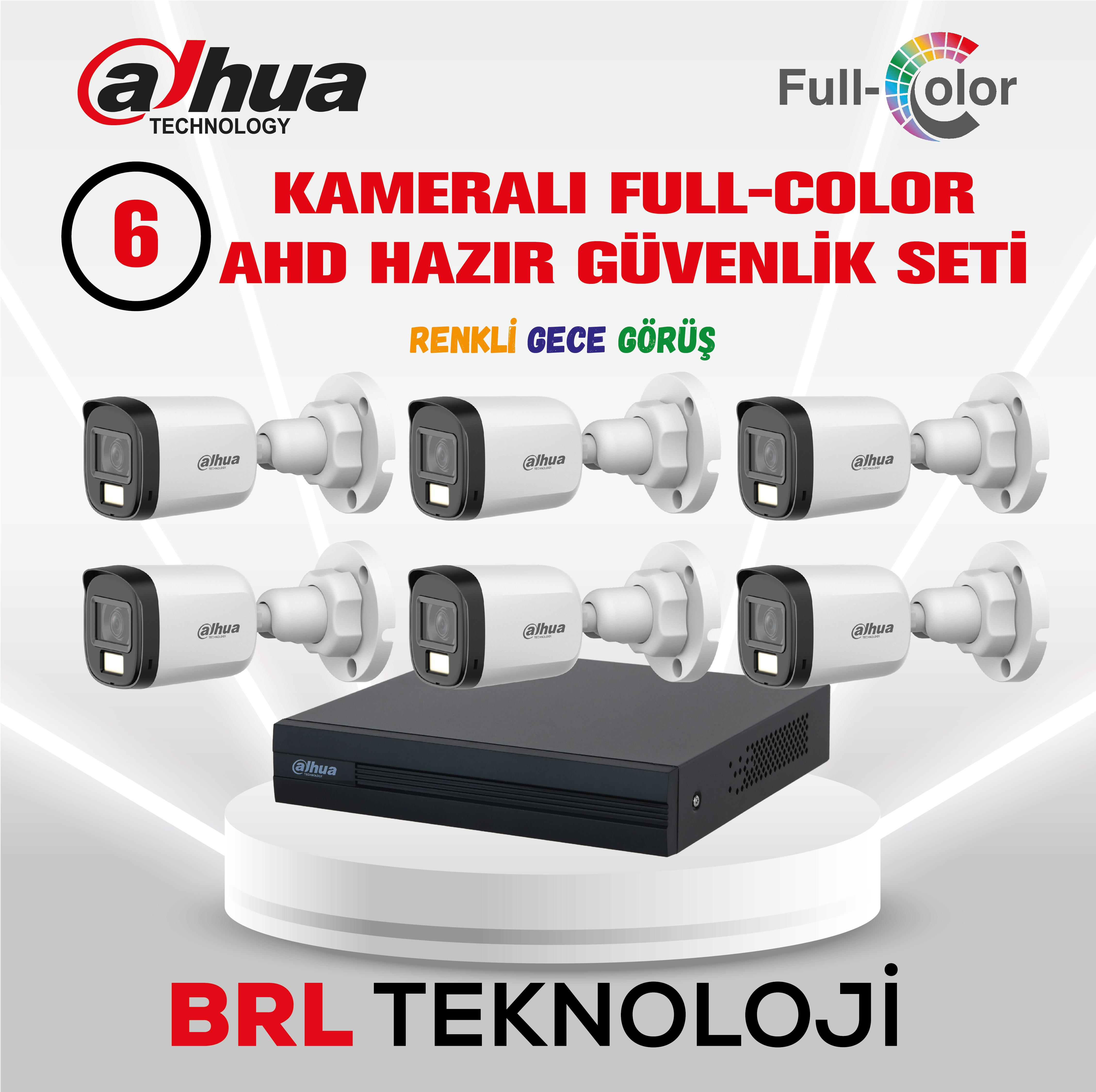Dahua Full-Color AHD güvenlik seti, 6 kamera ve DVR içerir.