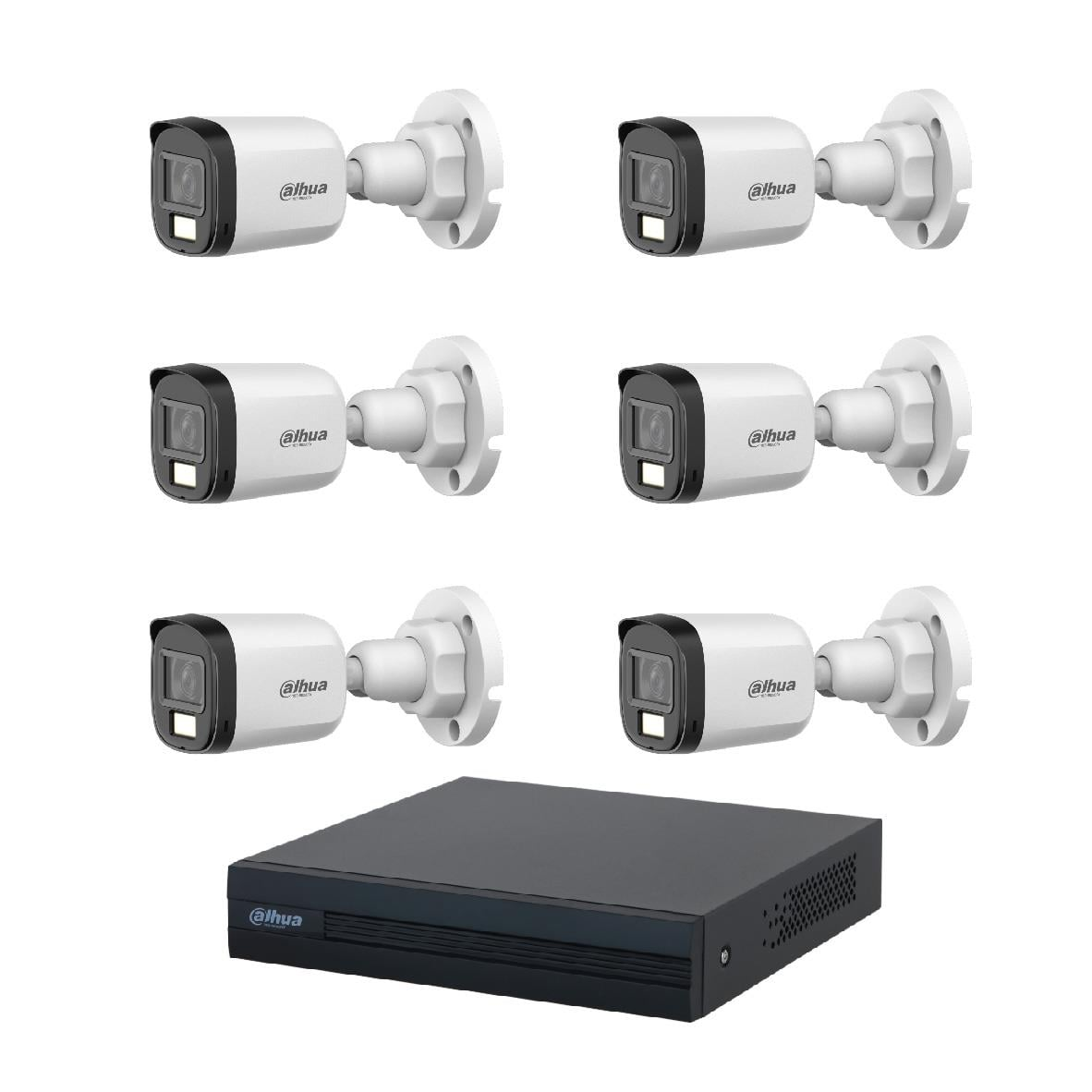 Altı beyaz güvenlik kamerası ve siyah DVR kayıt cihazı.