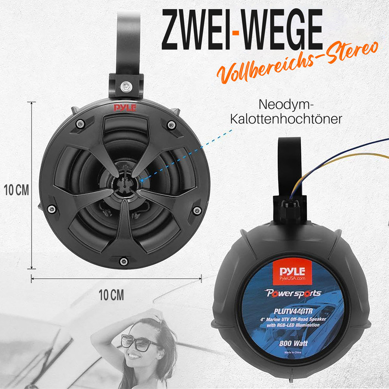 Zwei-Wege-Lautsprecher mit 10 cm Durchmesser, für Marine/UTV, 800 Watt.