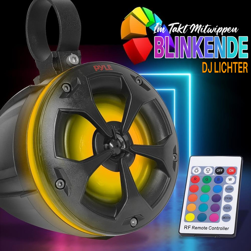 Lautsprecher mit gelbem Licht und Fernbedienung. blinkende DJ Lichter.