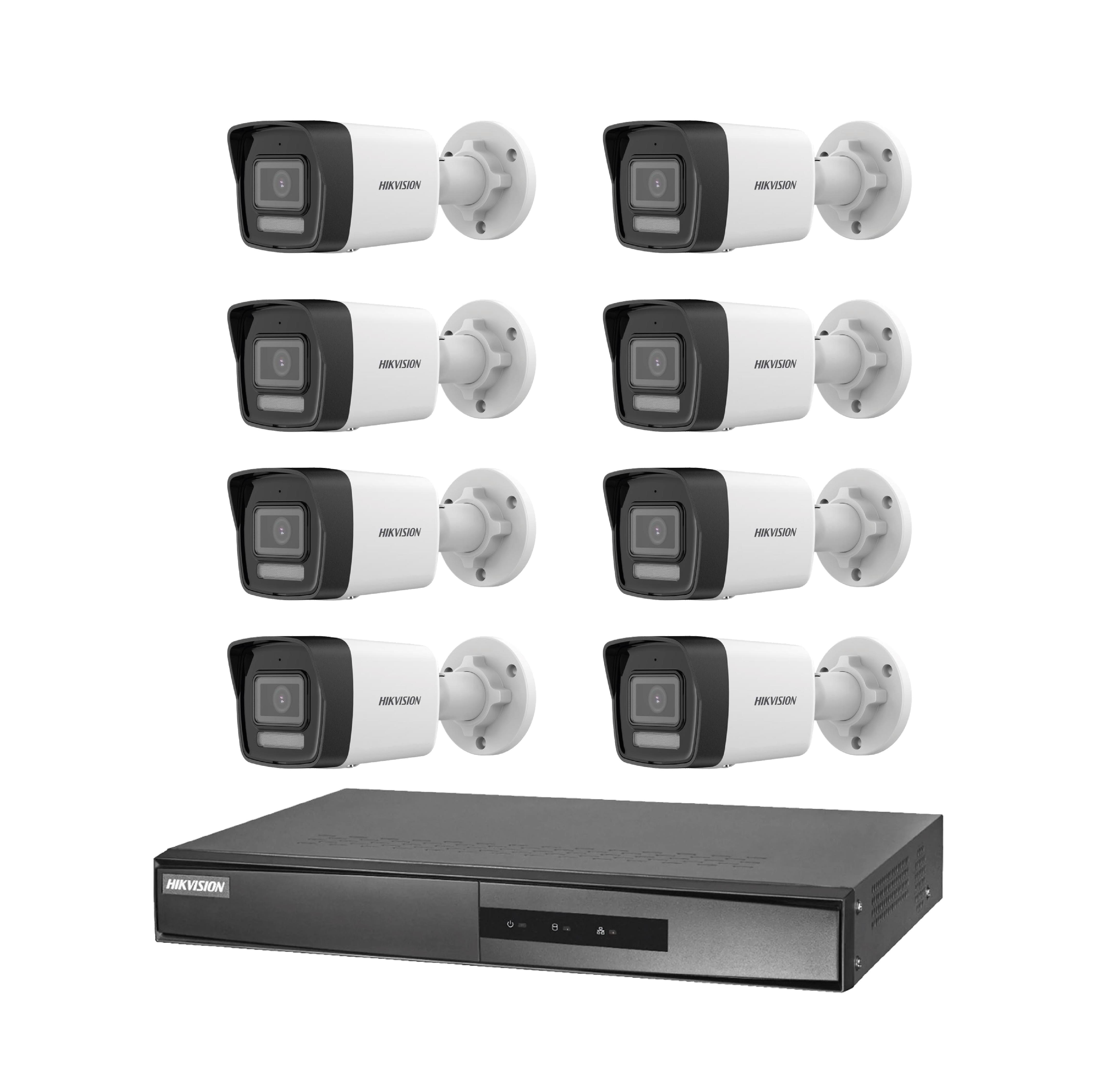 Sekiz beyaz Hikvision kamera ve siyah bir DVR ünitesi beyaz zeminde gösteriliyor.