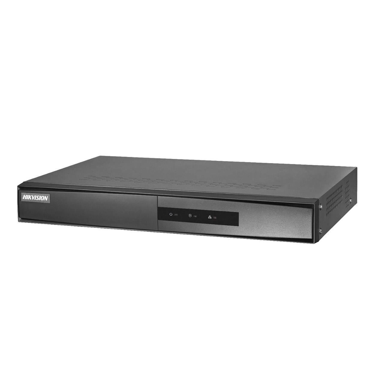 Ön panelde durum ışığı ve düğmeleri bulunan koyu renkli bir Hikvision DVR.